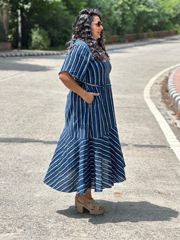 Indigo Dabu Stripe  Handblock Printed Assymetric Dress