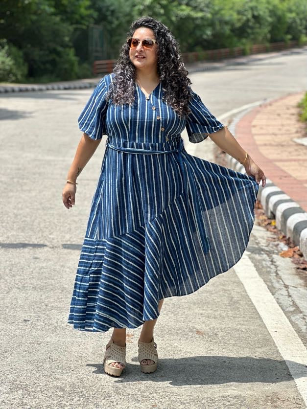 Indigo Dabu Stripe  Handblock Printed Assymetric Dress
