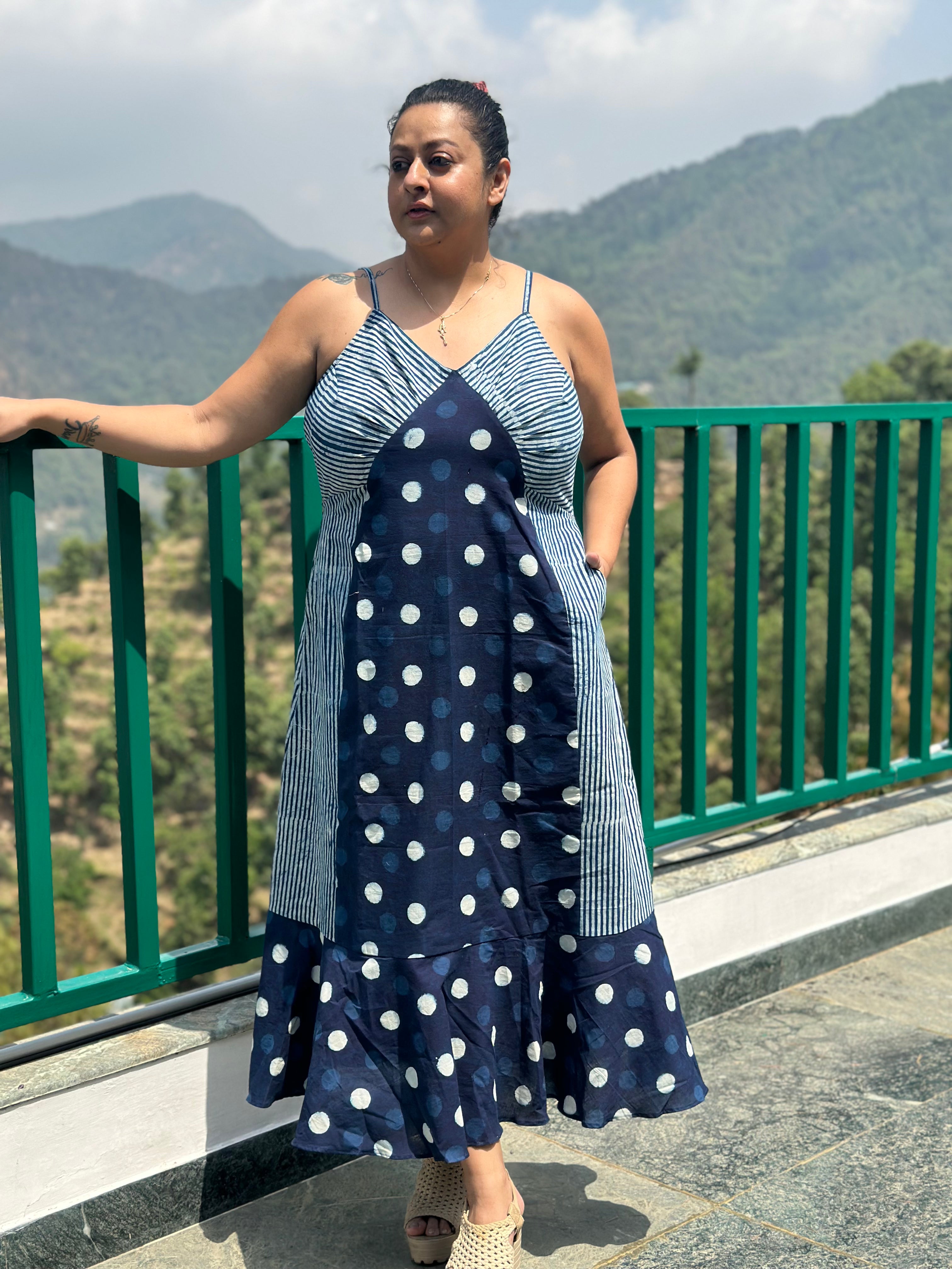 Indigo dabu polka dots & stripes maxi dress with noodle strap