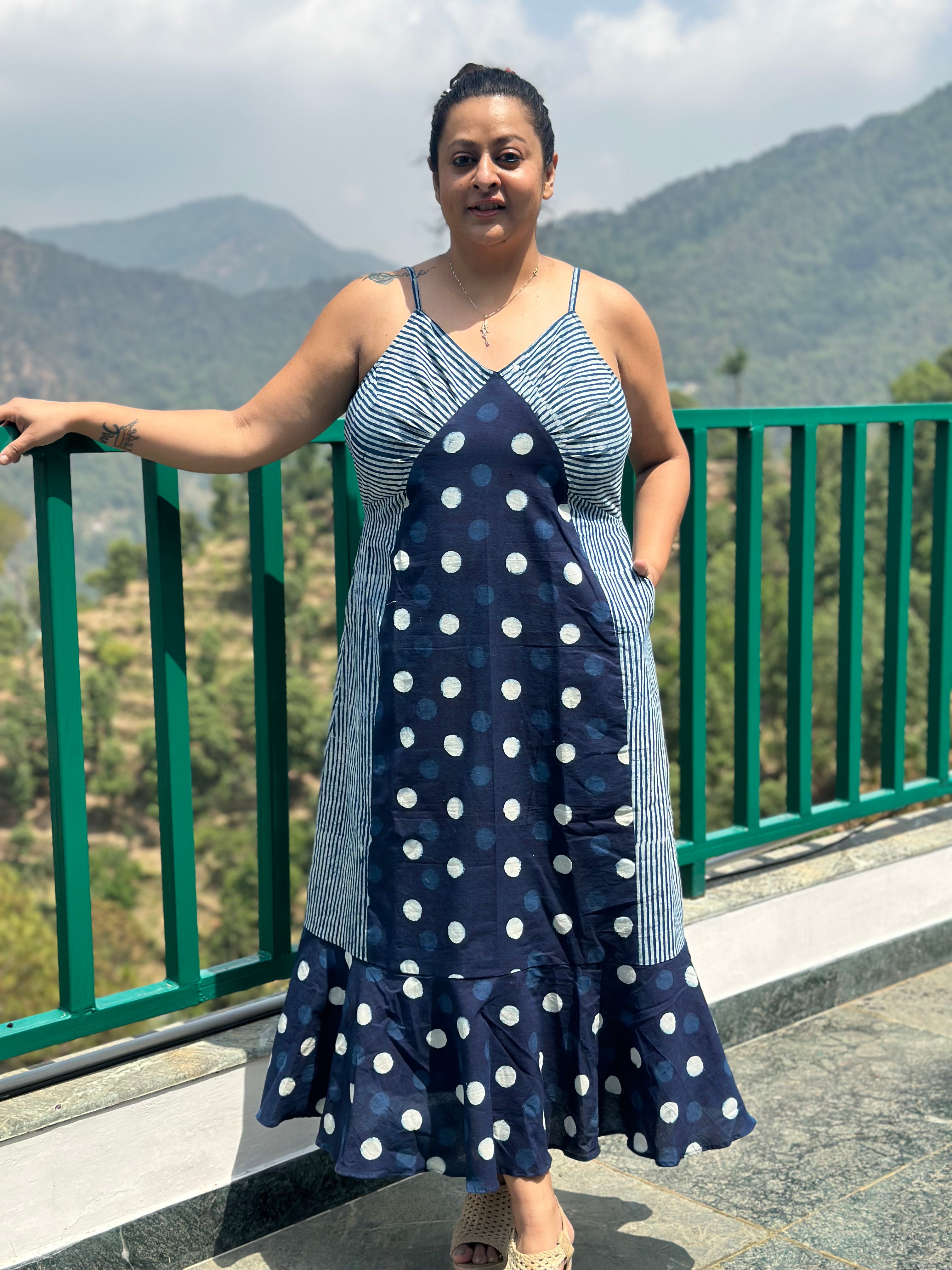Indigo dabu polka dots & stripes maxi dress with noodle strap