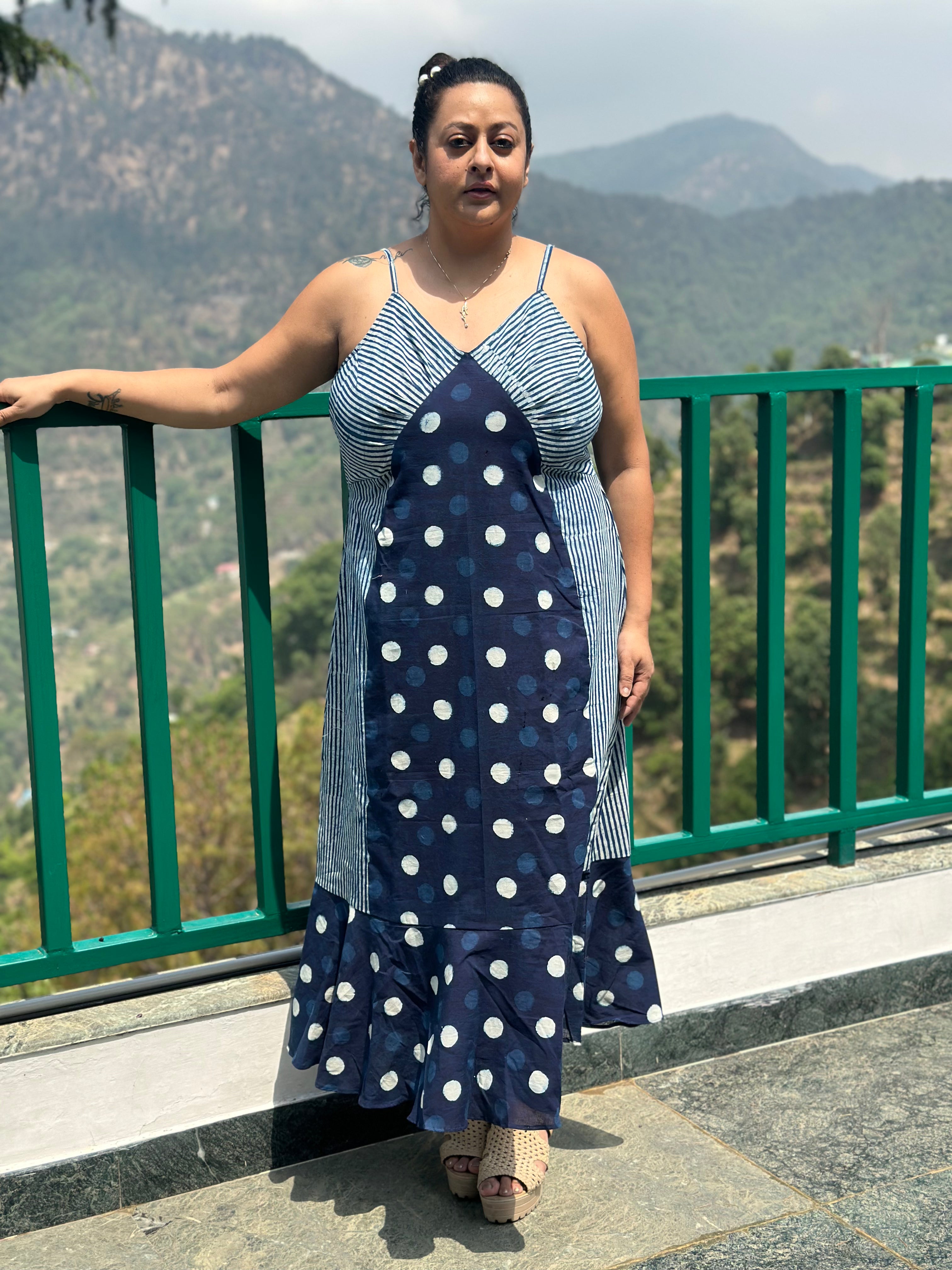 Indigo dabu polka dots & stripes maxi dress with noodle strap