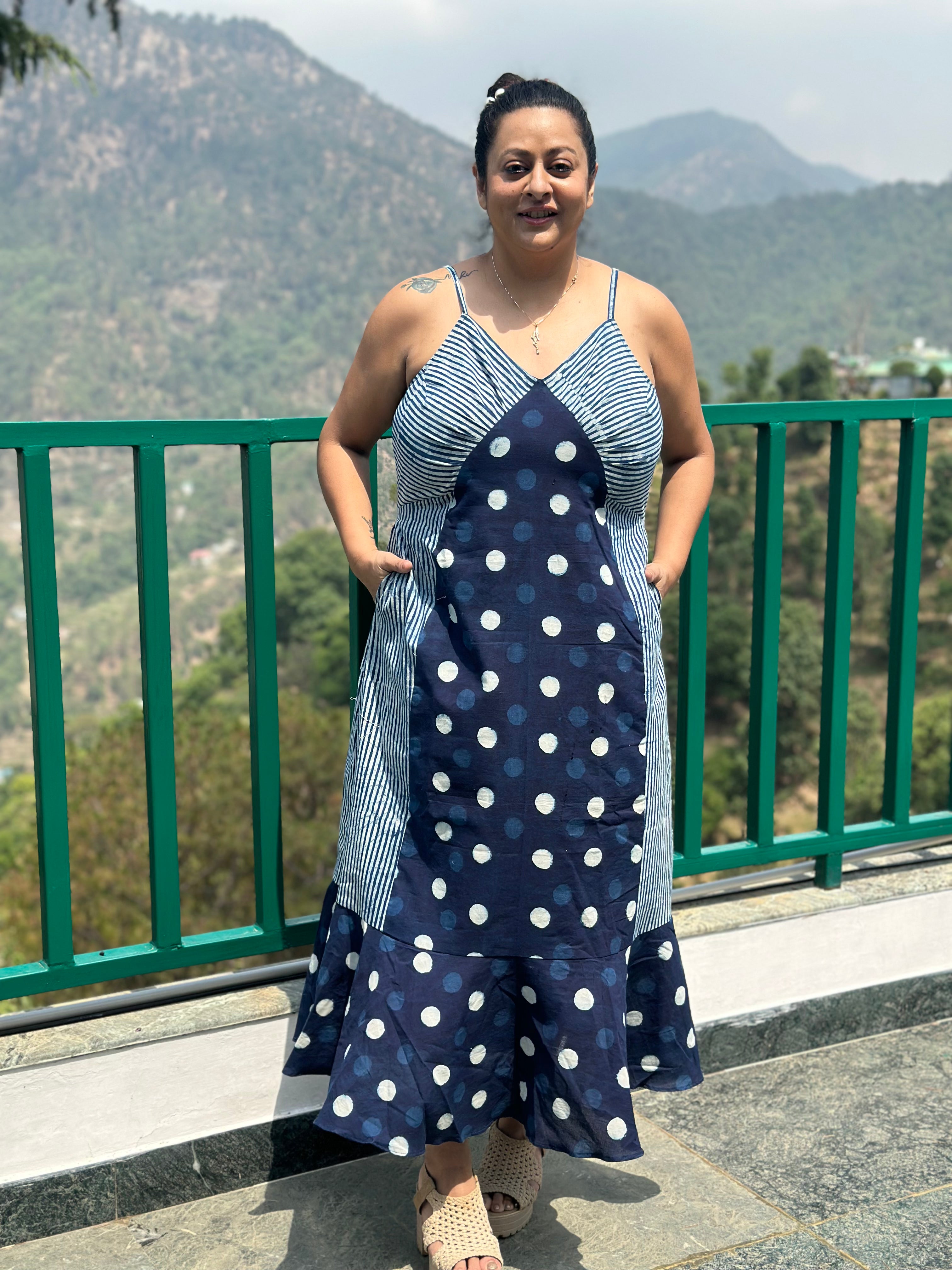 Indigo dabu polka dots & stripes maxi dress with noodle strap