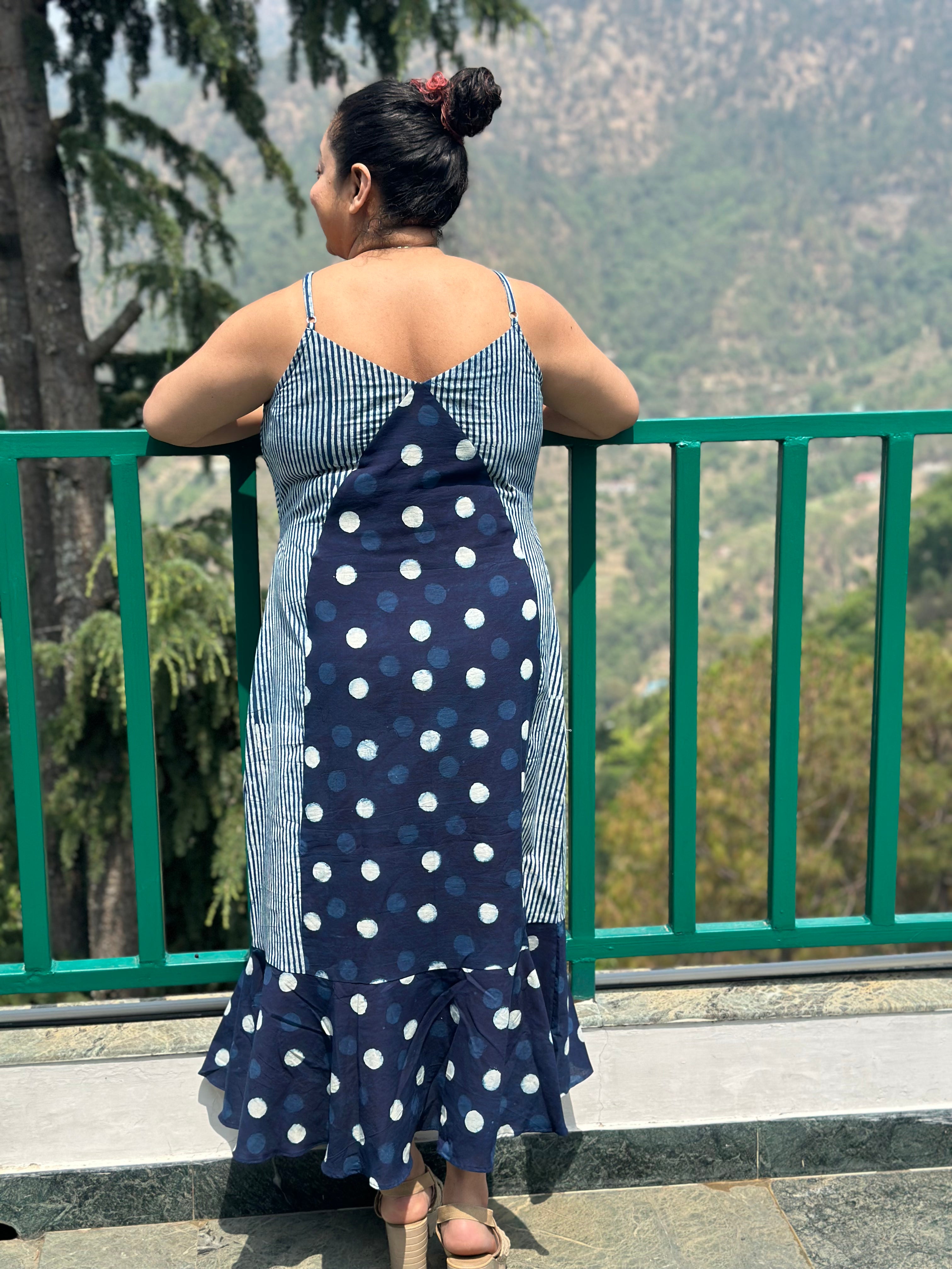 Indigo dabu polka dots & stripes maxi dress with noodle strap