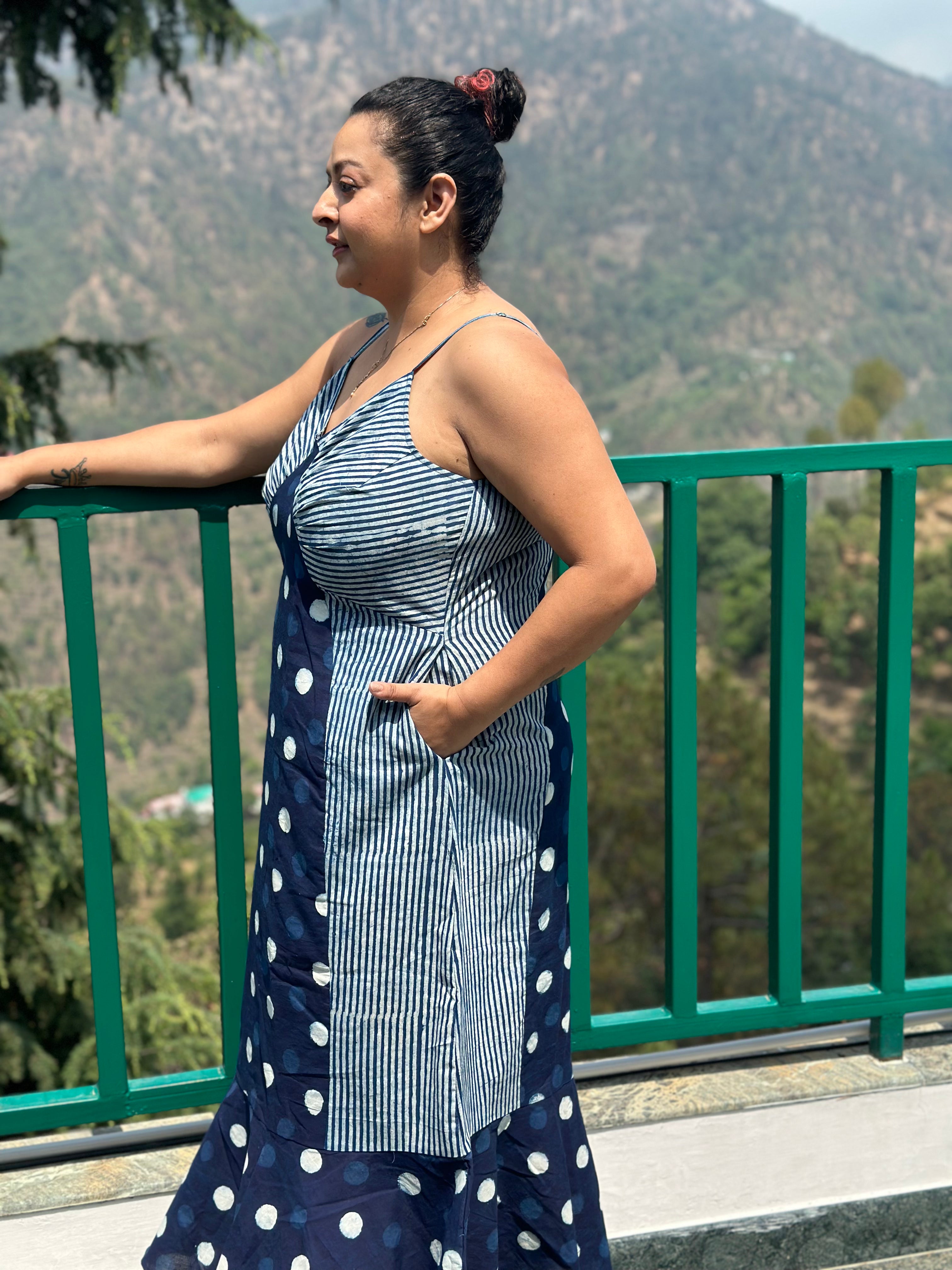 Indigo dabu polka dots & stripes maxi dress with noodle strap