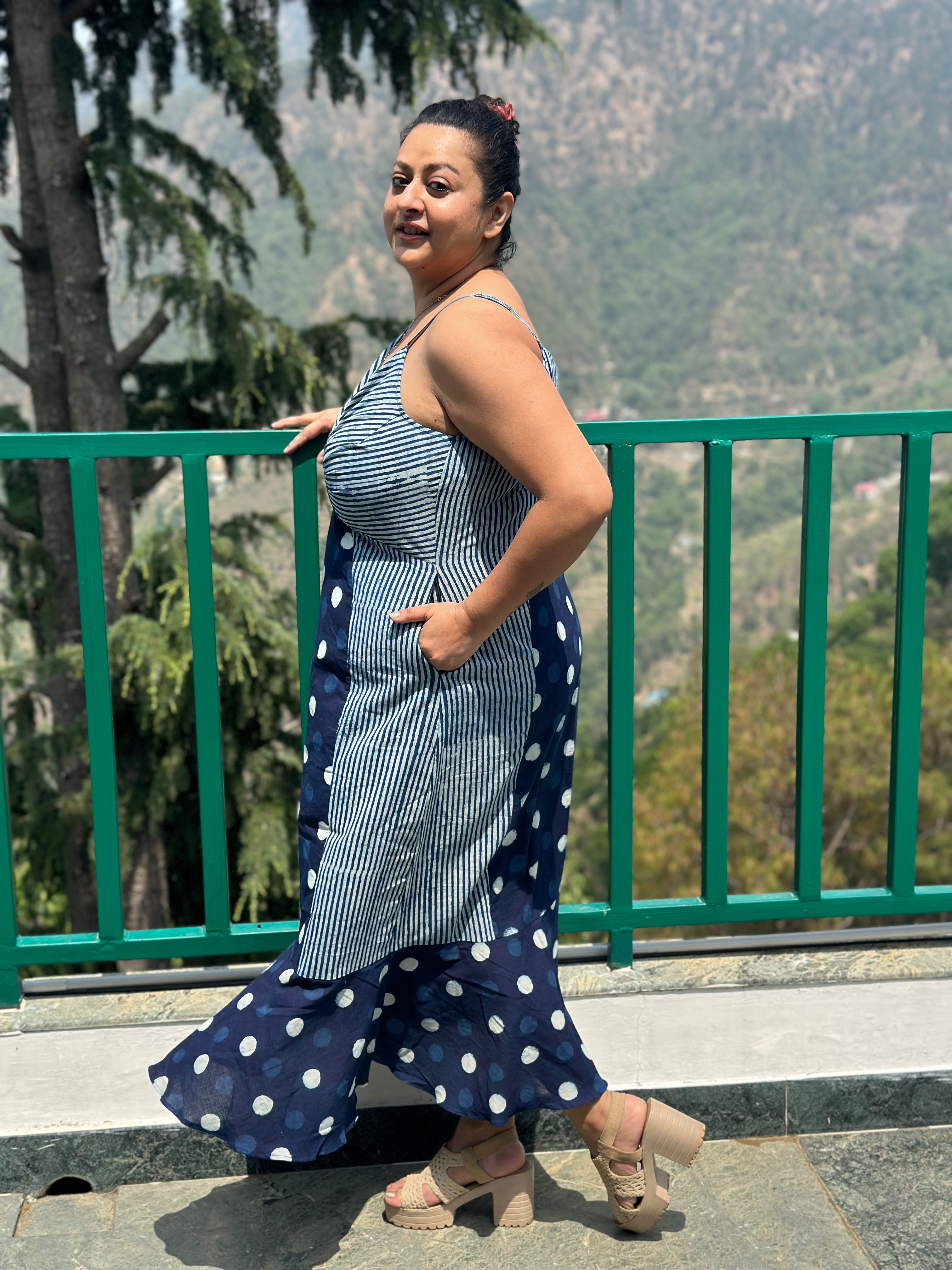Indigo dabu polka dots & stripes maxi dress with noodle strap