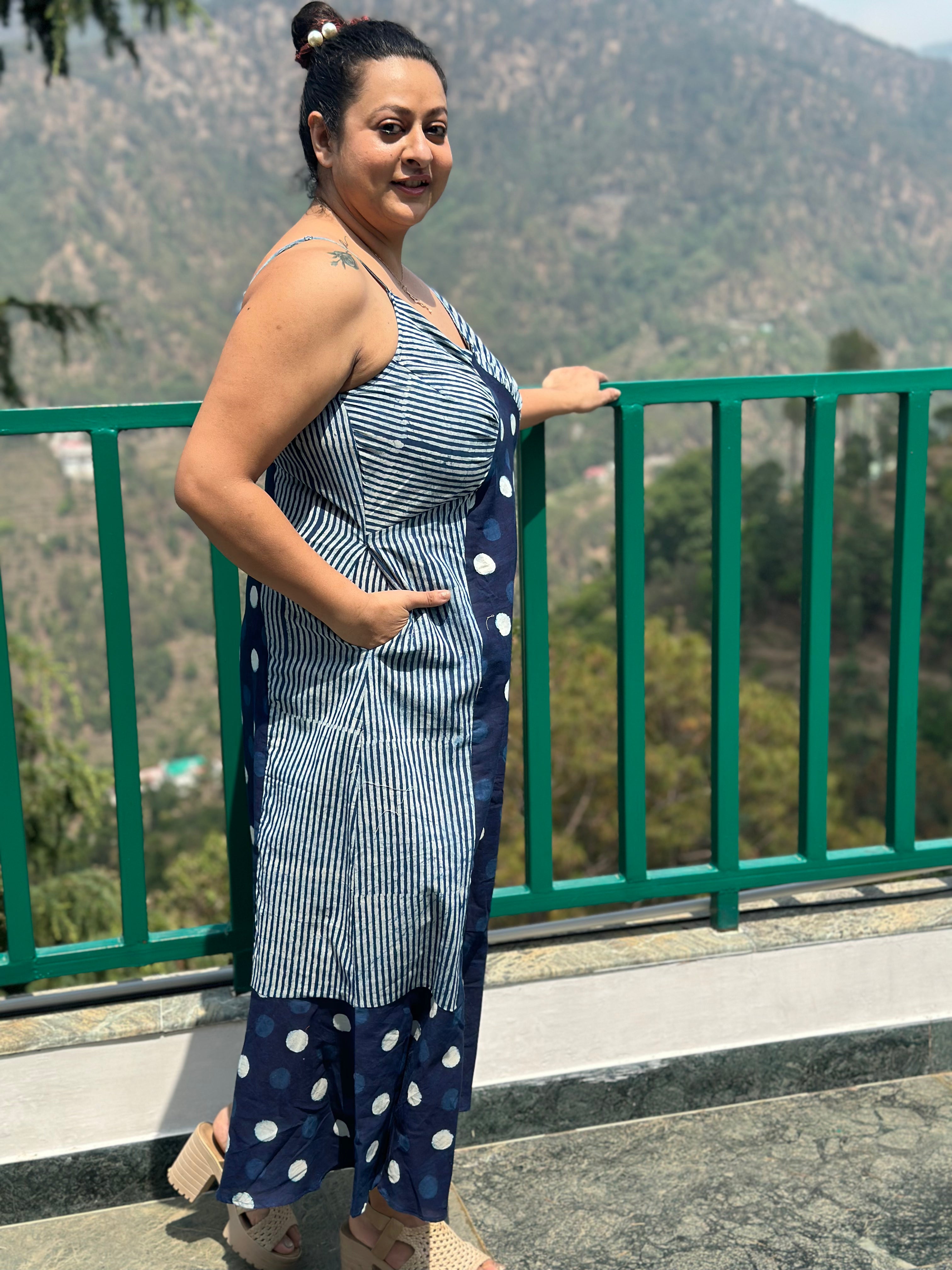 Indigo dabu polka dots & stripes maxi dress with noodle strap