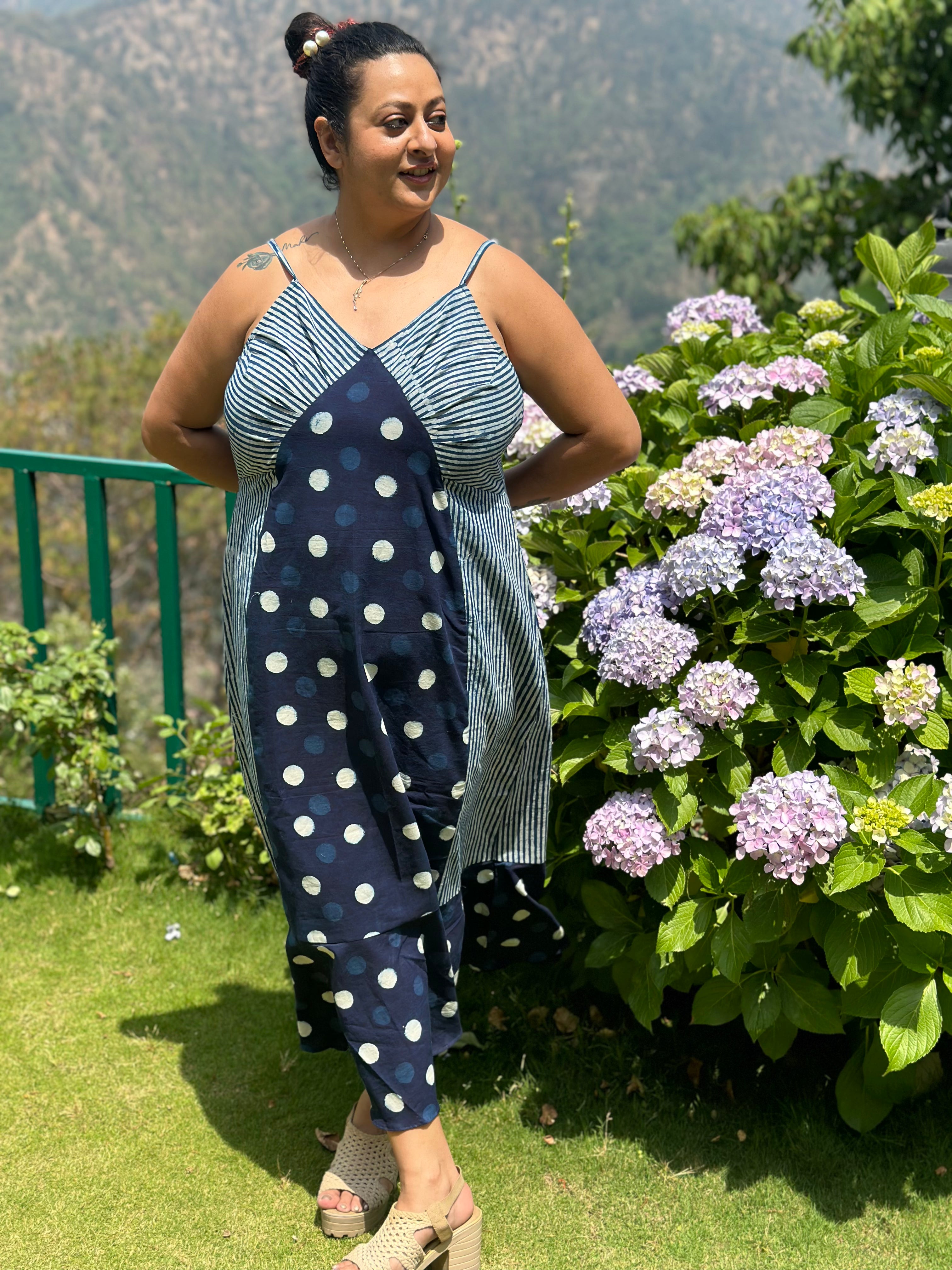 Indigo dabu polka dots & stripes maxi dress with noodle strap