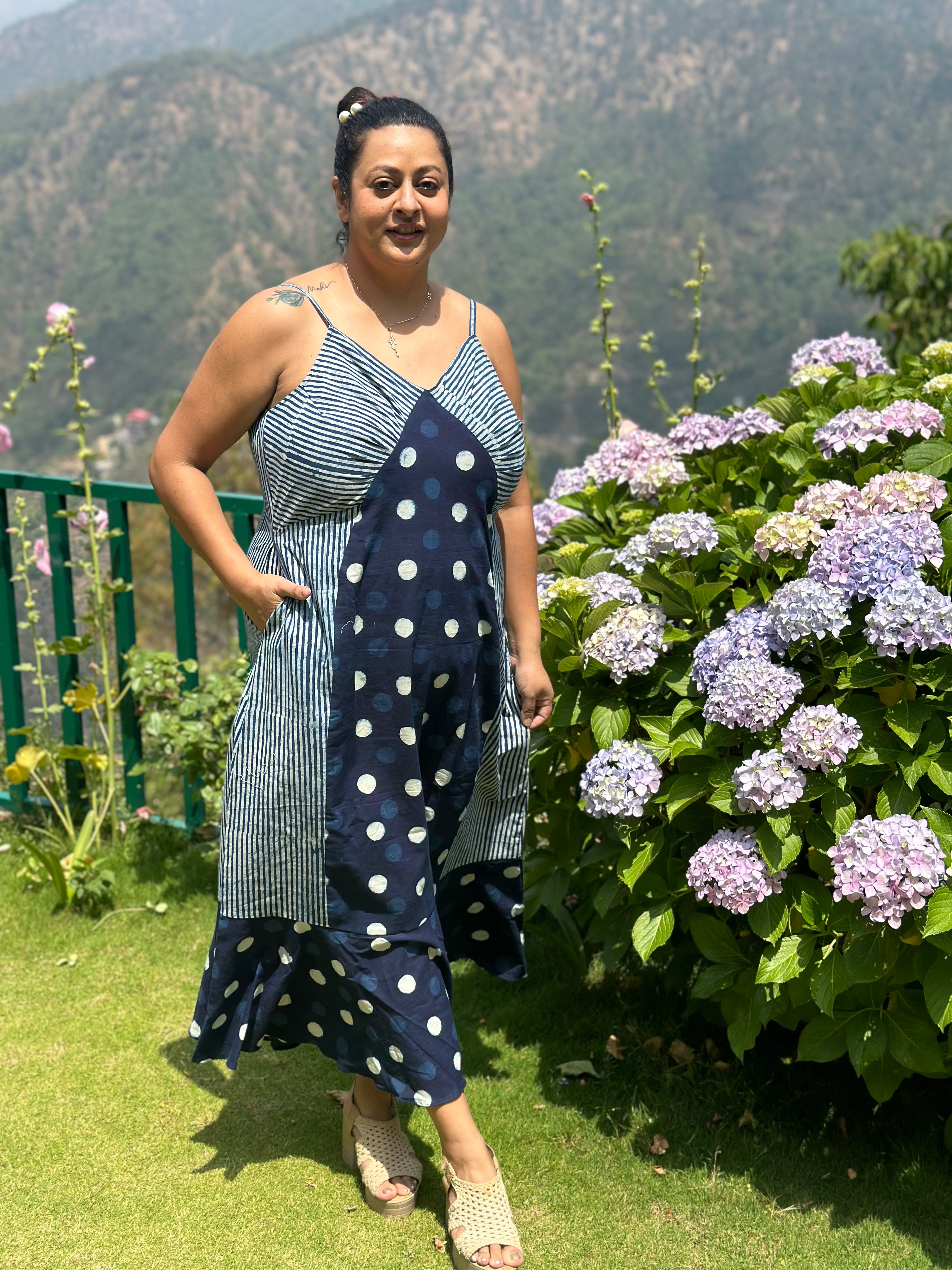 Indigo dabu polka dots & stripes maxi dress with noodle strap