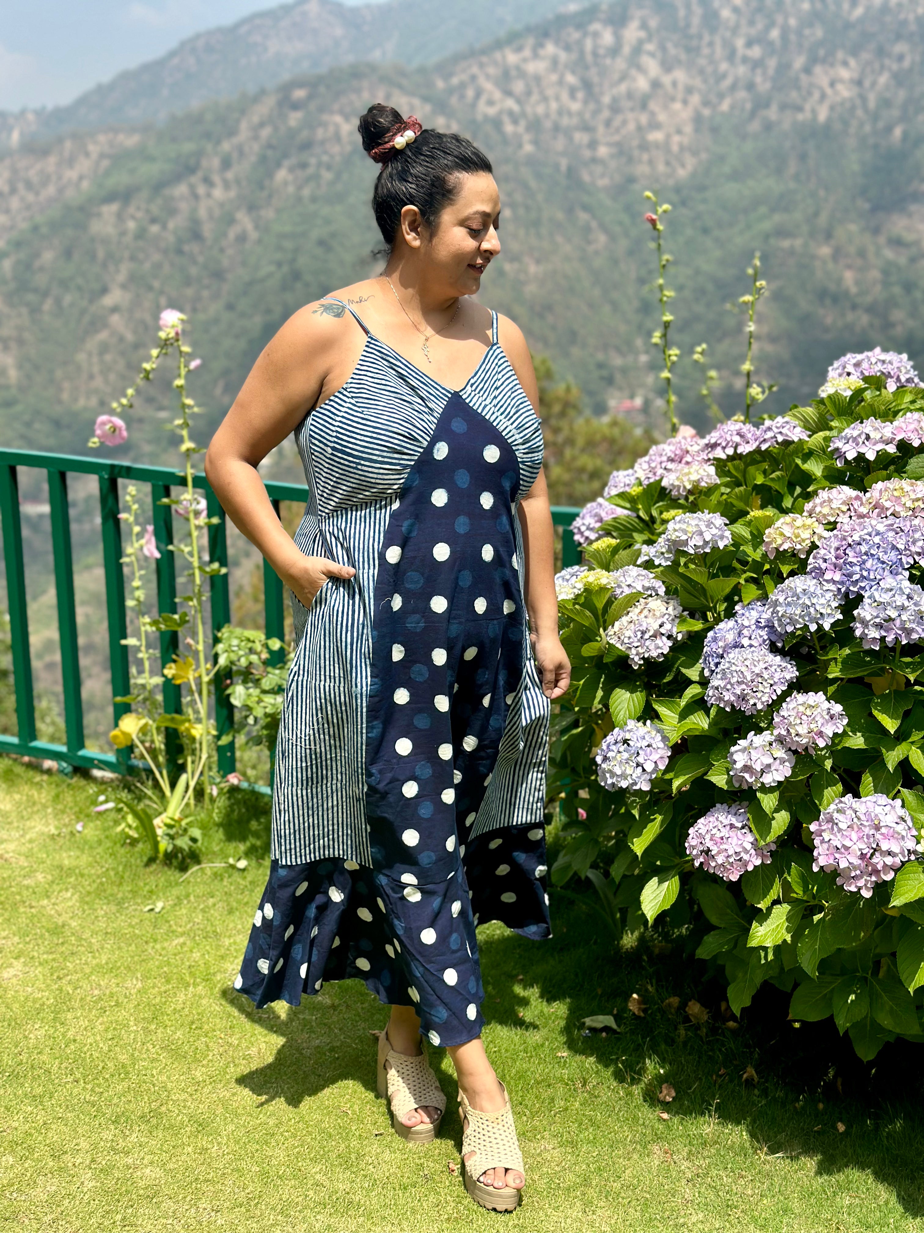 Indigo dabu polka dots & stripes maxi dress with noodle strap