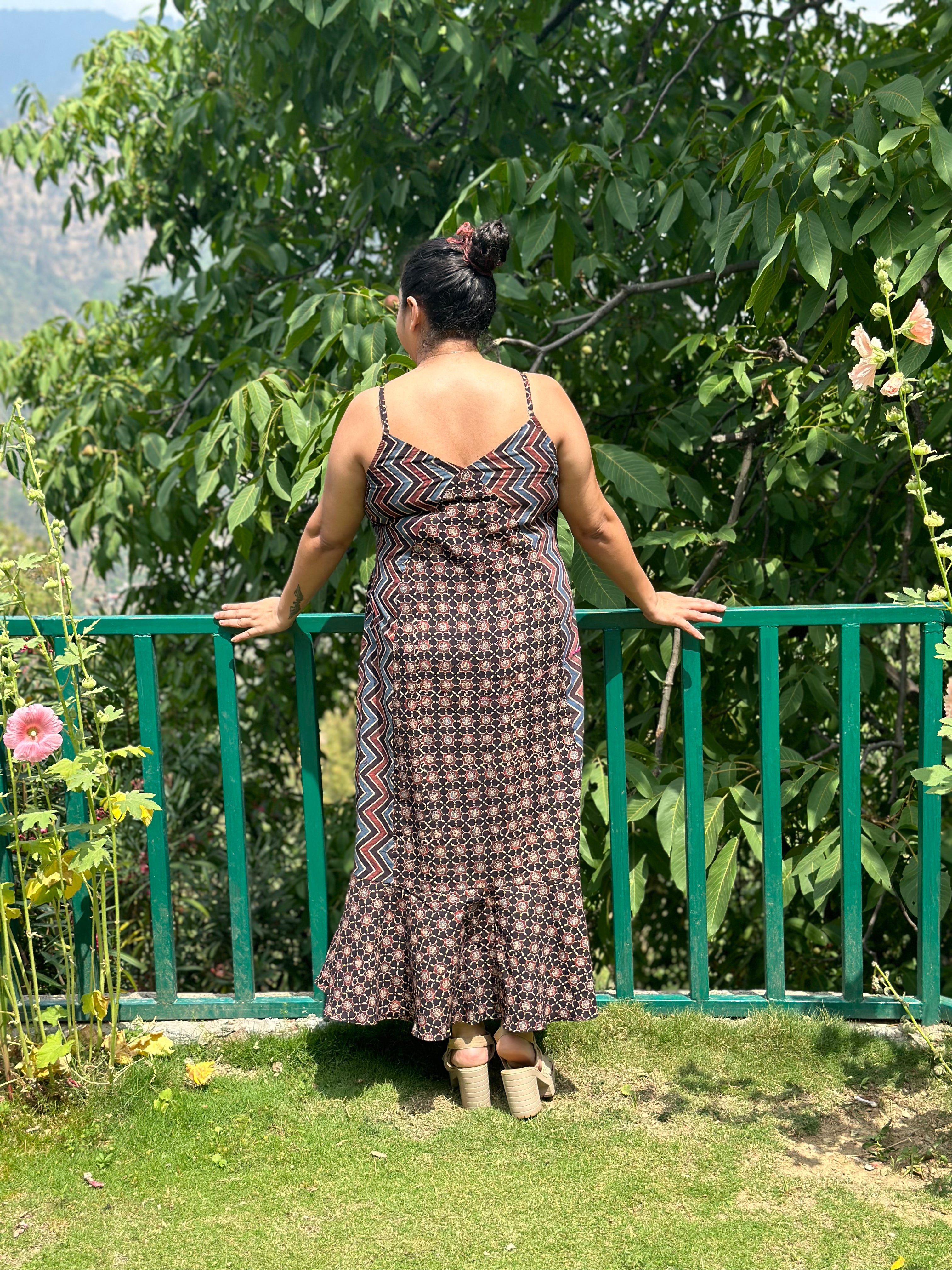 Ajrakh Handblock print maxi cotton dress with noodle strap
