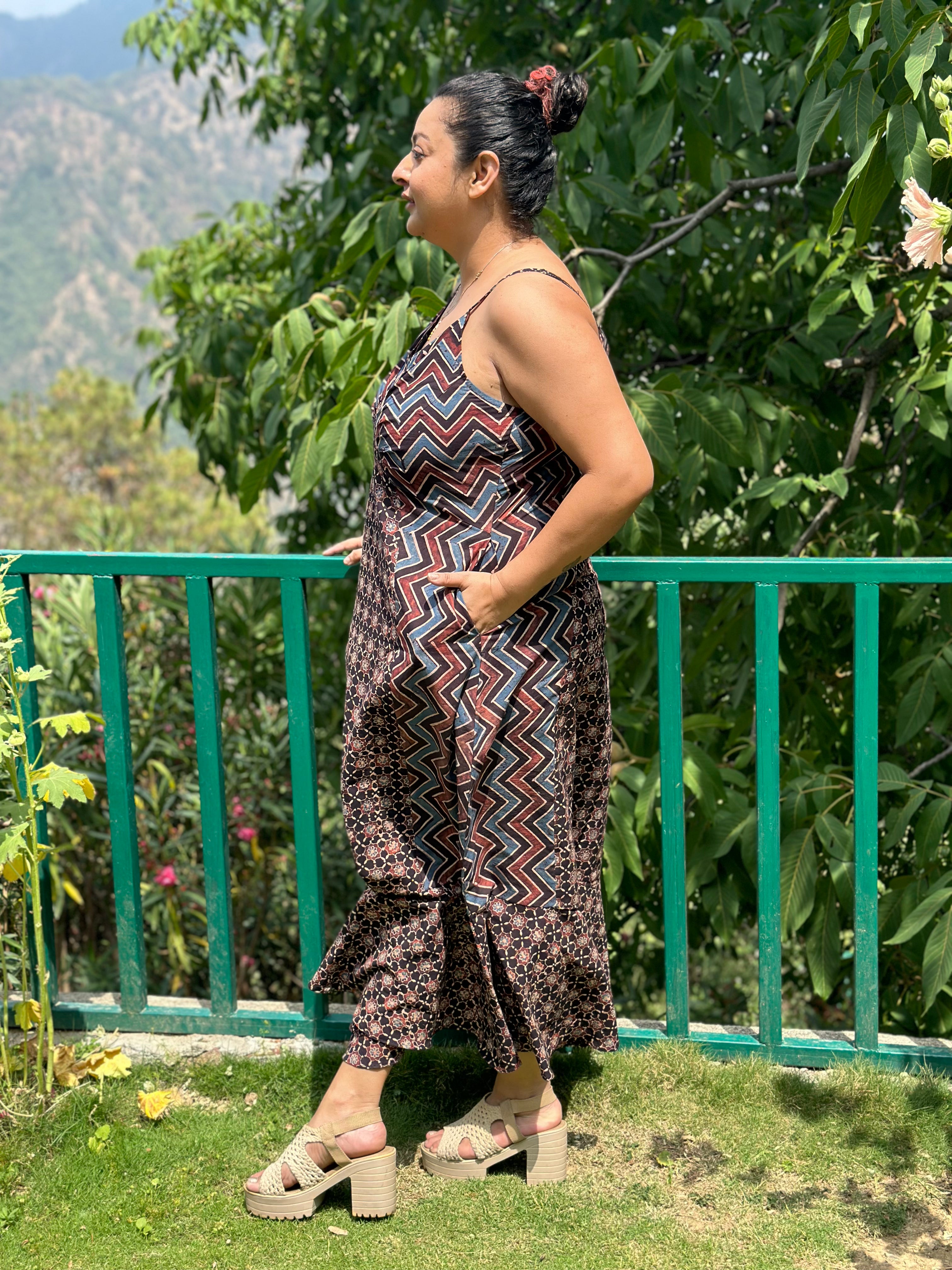 Ajrakh Handblock print maxi cotton dress with noodle strap