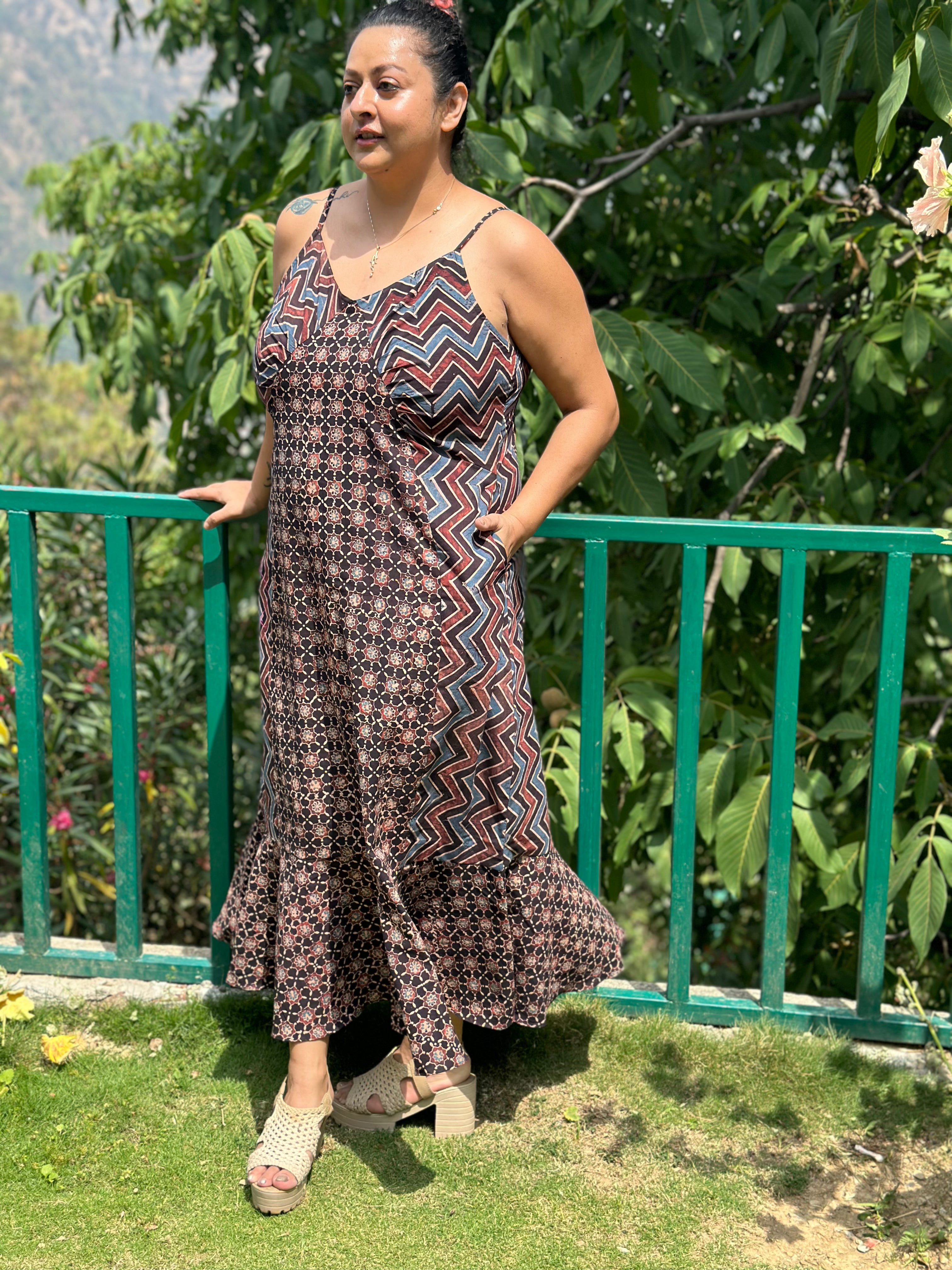 Ajrakh Handblock print maxi cotton dress with noodle strap