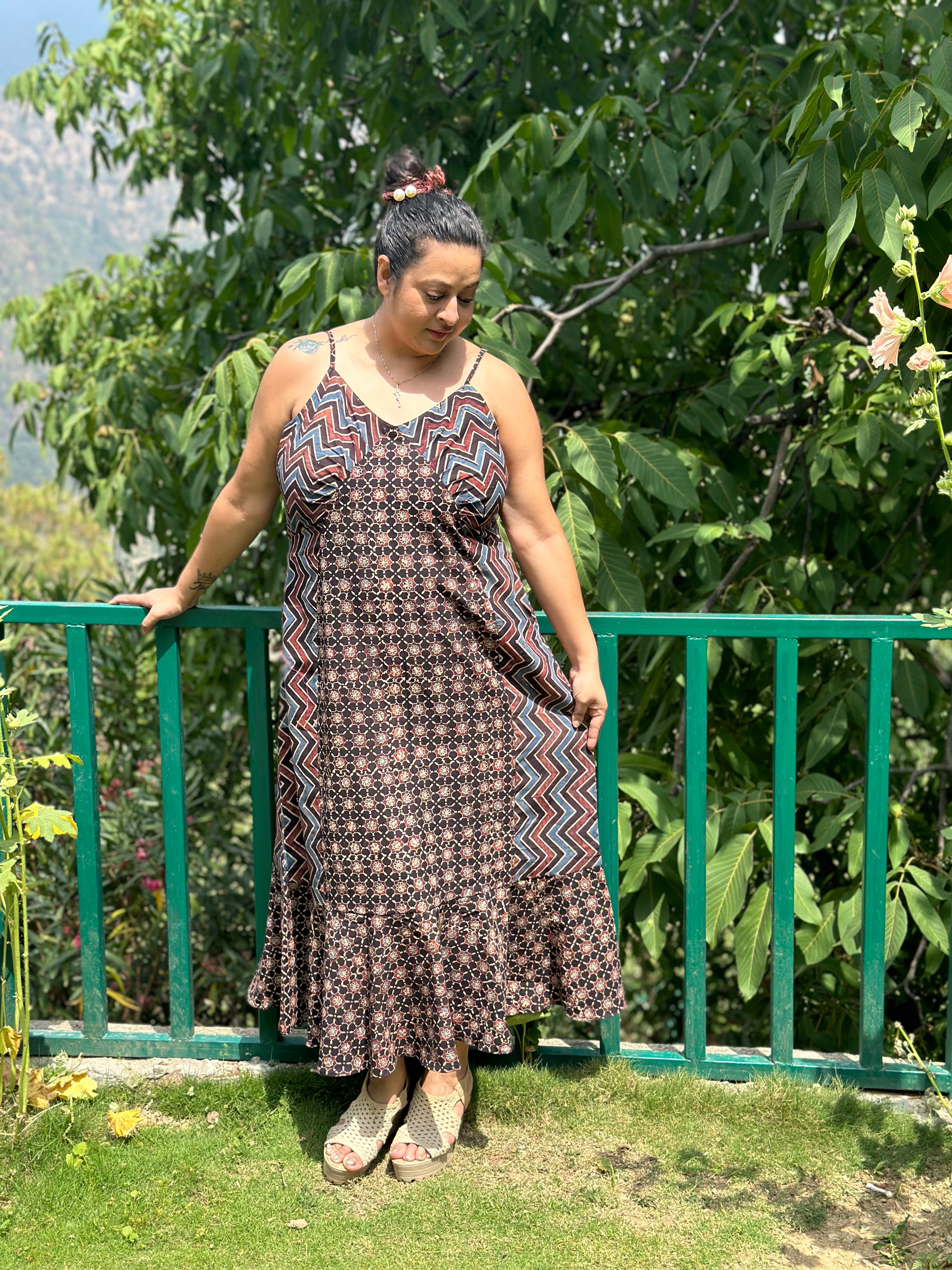 Ajrakh Handblock print maxi cotton dress with noodle strap
