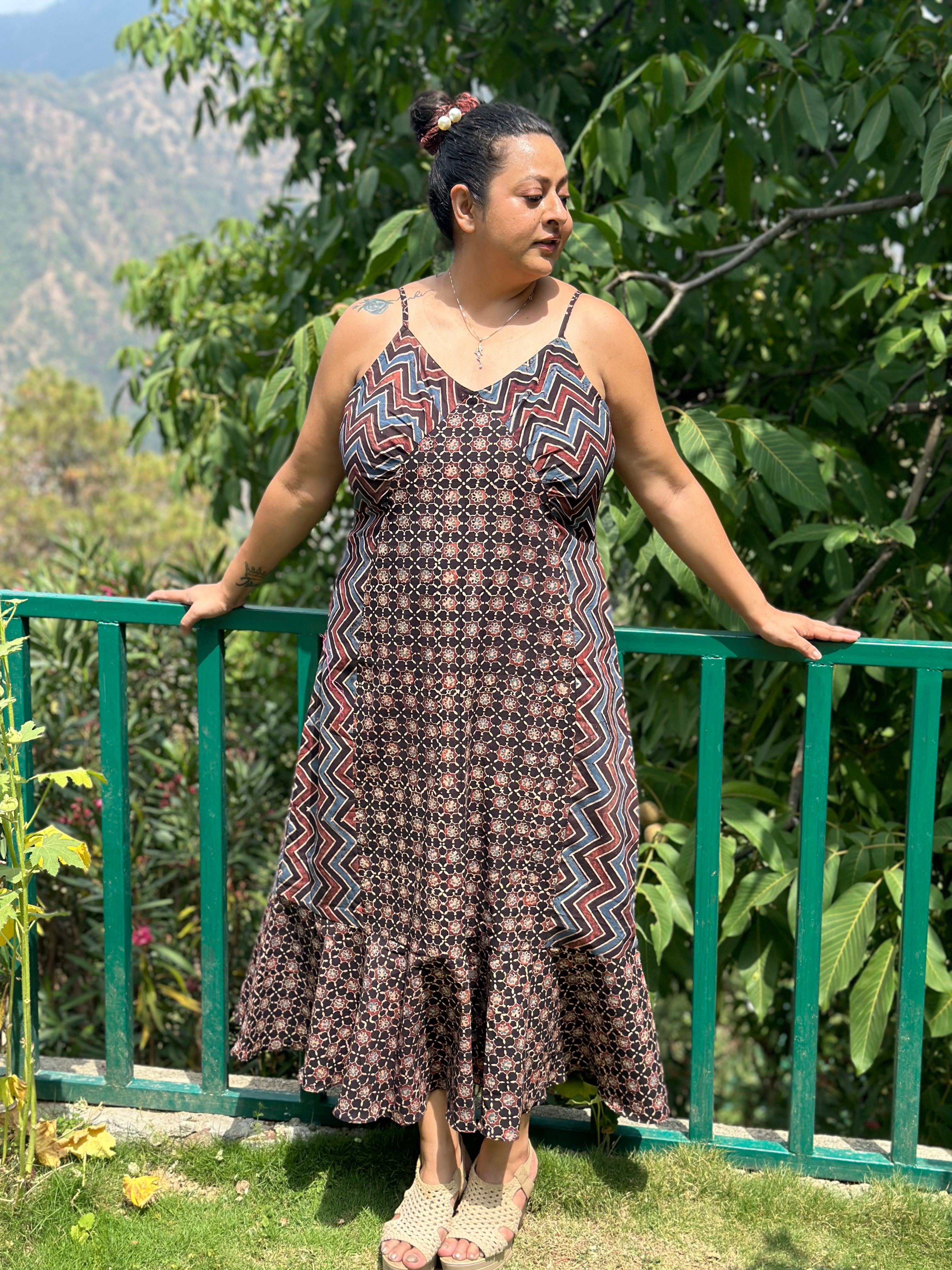 Ajrakh Handblock print maxi cotton dress with noodle strap