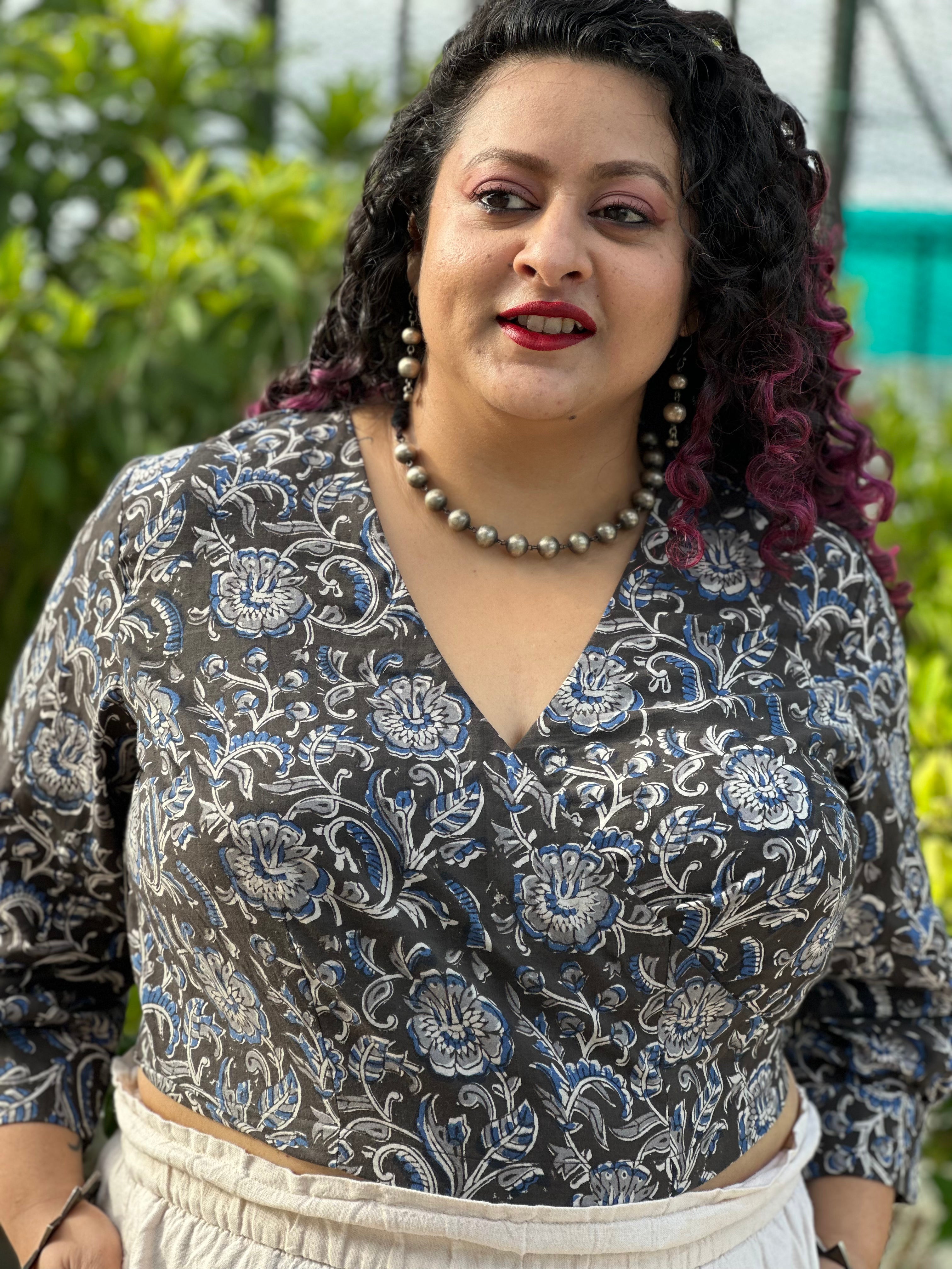 Black Kalamkari handblock print wrap top