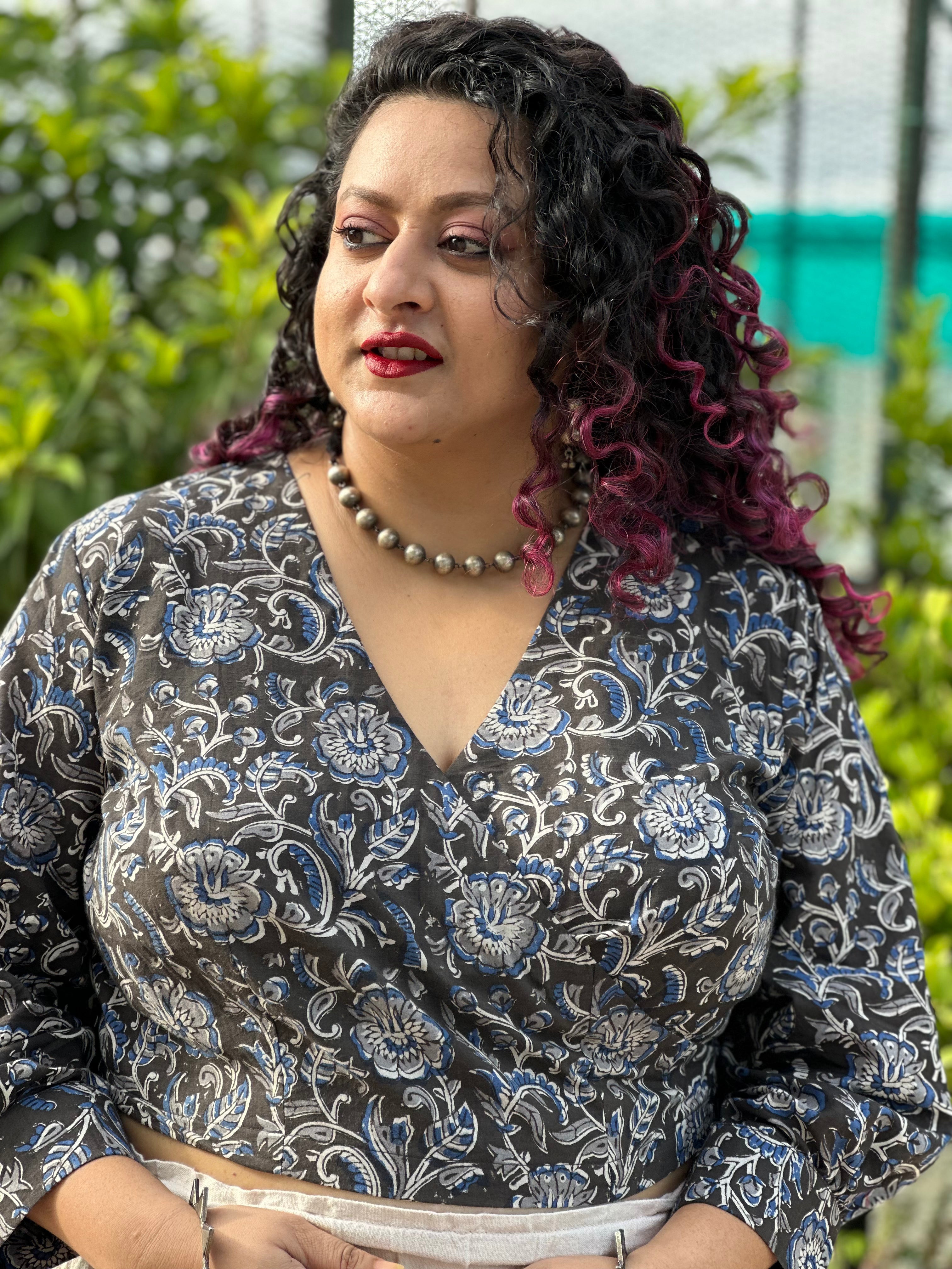 Black Kalamkari handblock print wrap top