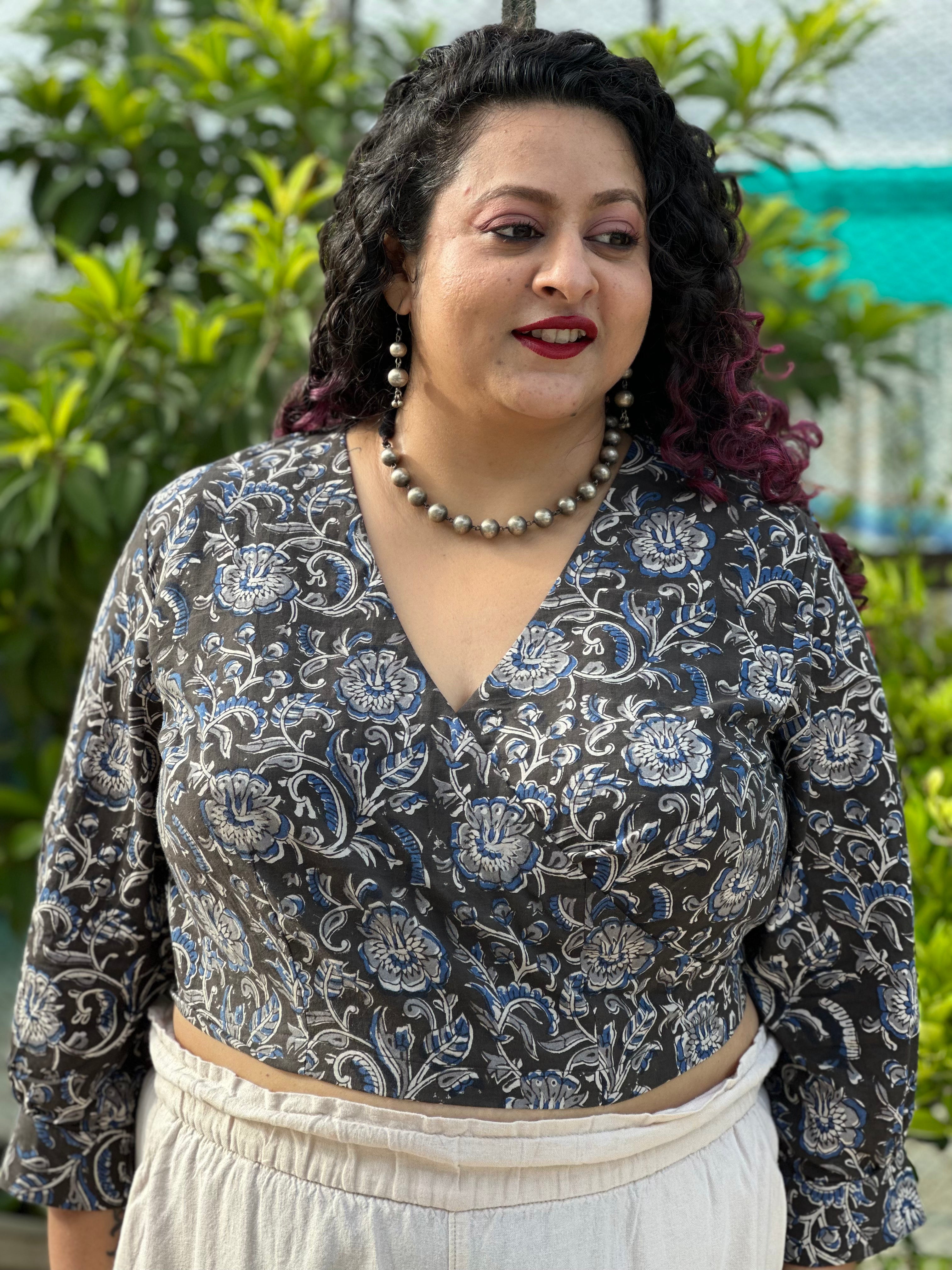 Black Kalamkari handblock print wrap top