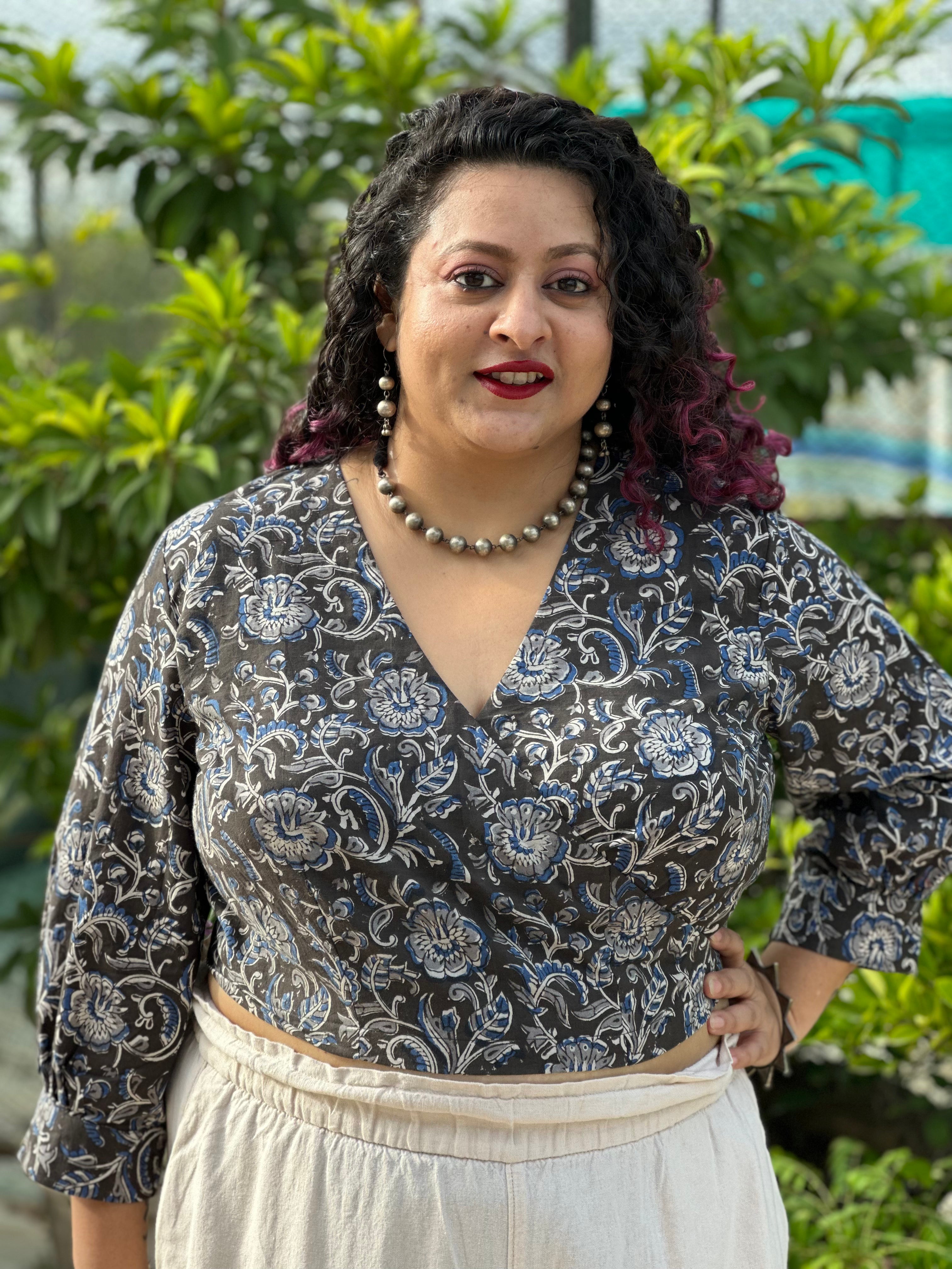 Black Kalamkari handblock print wrap top