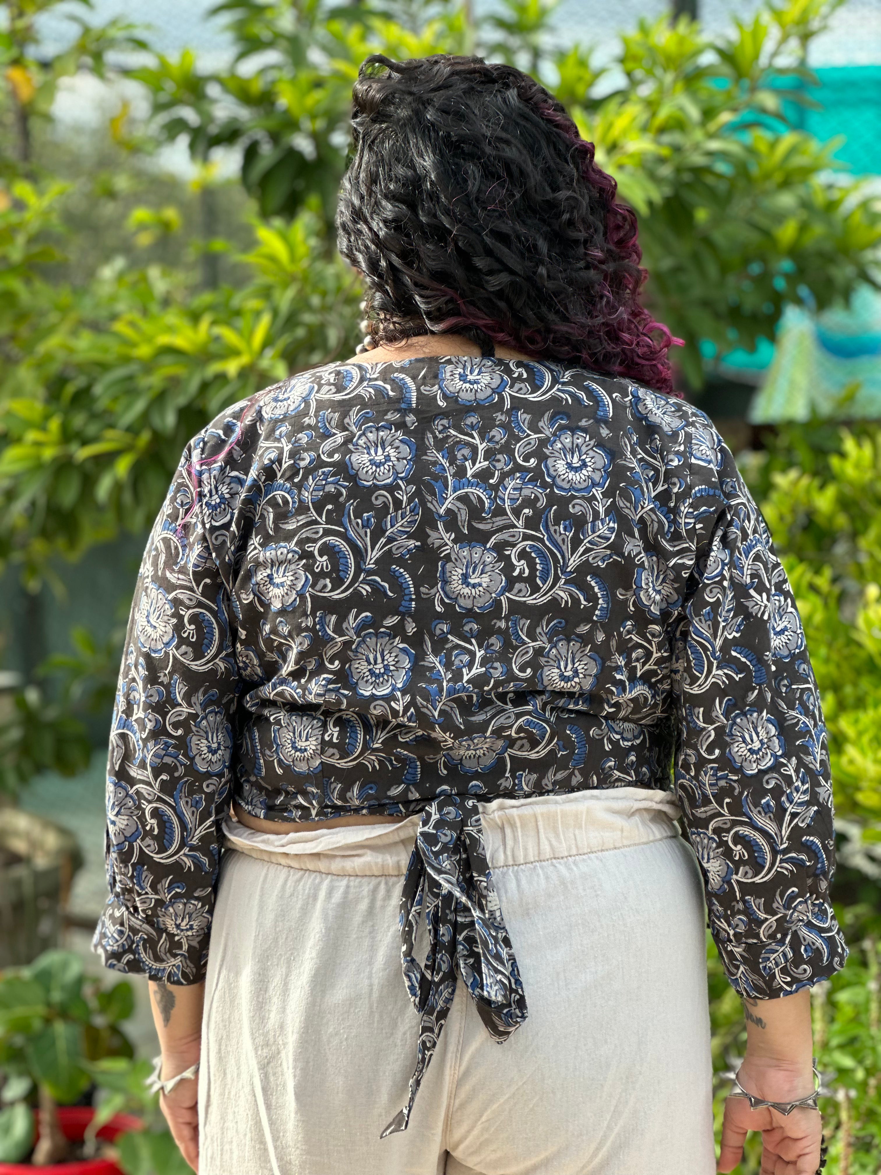 Black Kalamkari handblock print wrap top