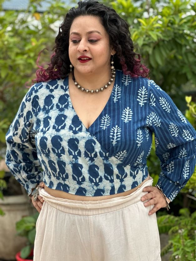 Indigo Dabu Paisley and Stripe Handblock Printed Wrap Top