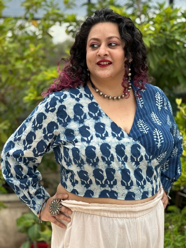 Indigo Dabu Paisley and Stripe Handblock Printed Wrap Top