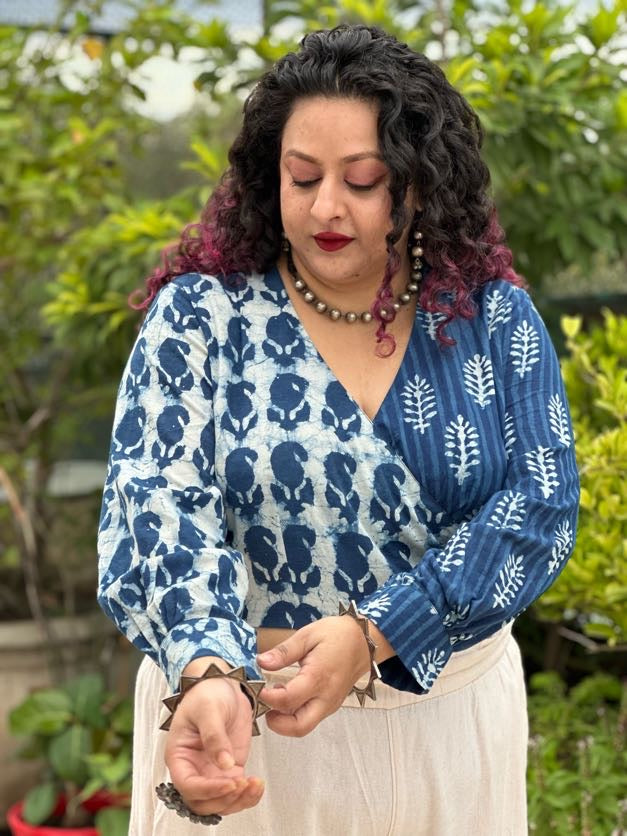 Indigo Dabu Paisley and Stripe Handblock Printed Wrap Top