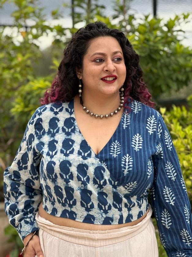 Indigo Dabu Paisley and Stripe Handblock Printed Wrap Top -Crop Top