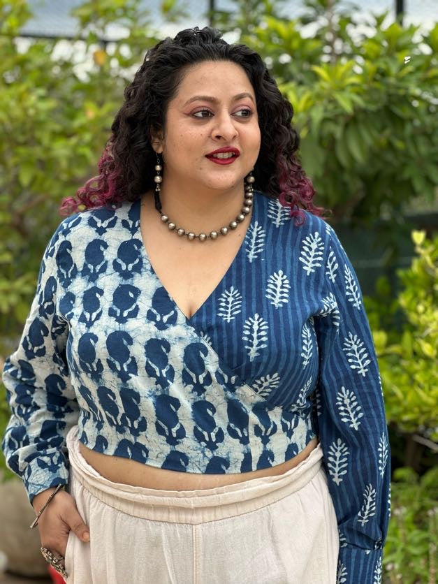 Indigo Dabu Paisley and Stripe Handblock Printed Wrap Top