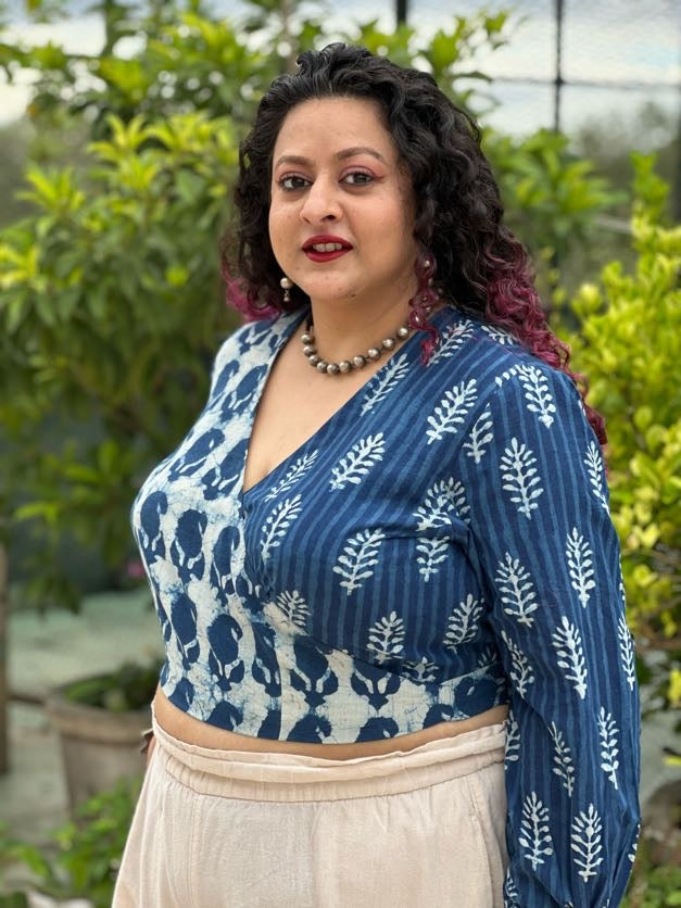 Indigo Dabu Paisley and Stripe Handblock Printed Wrap Top