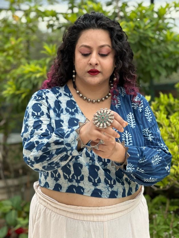 Indigo Dabu Paisley and Stripe Handblock Printed Wrap Top