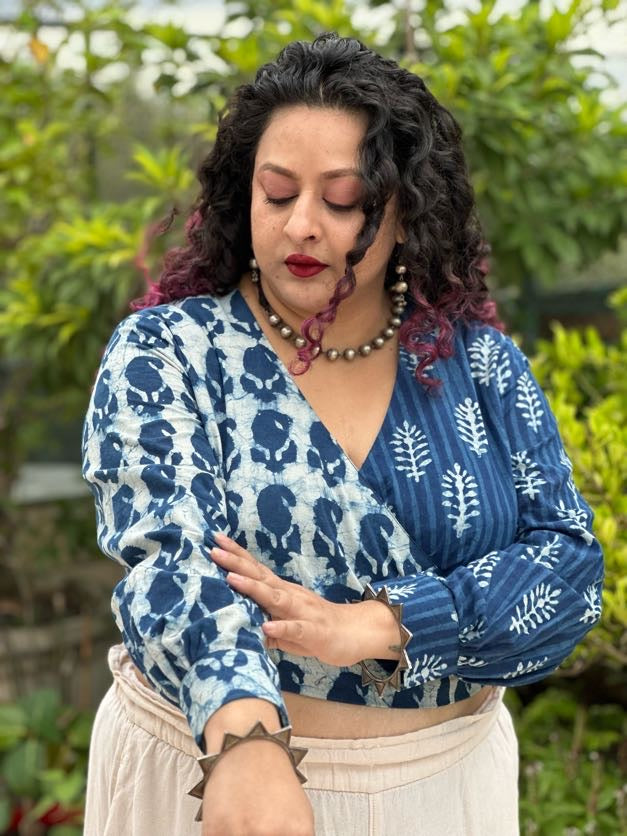 Indigo Dabu Paisley and Stripe Handblock Printed Wrap Top