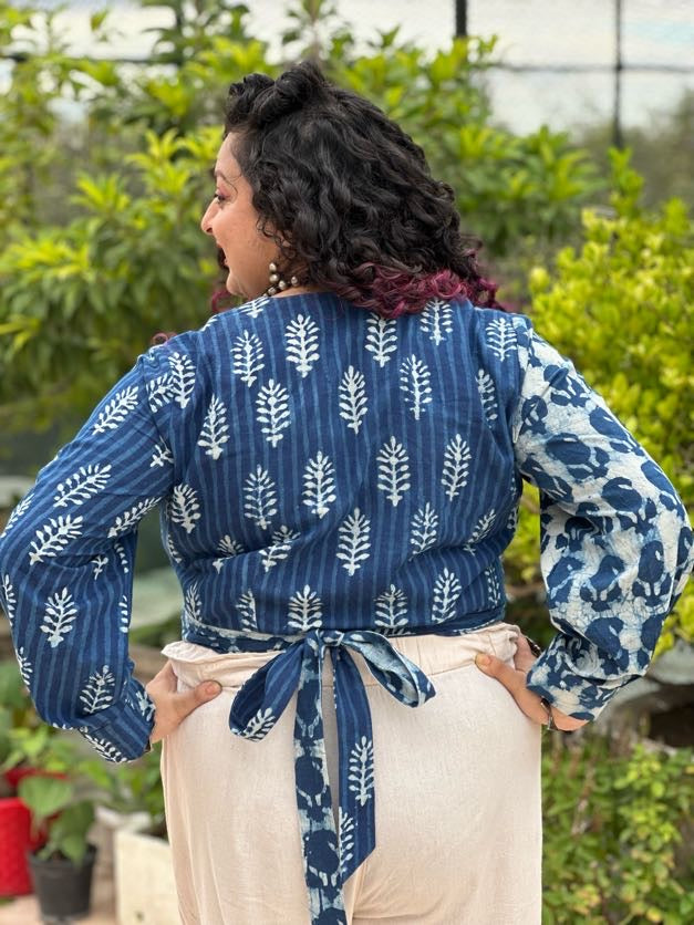 Indigo Dabu Paisley and Stripe Handblock Printed Wrap Top