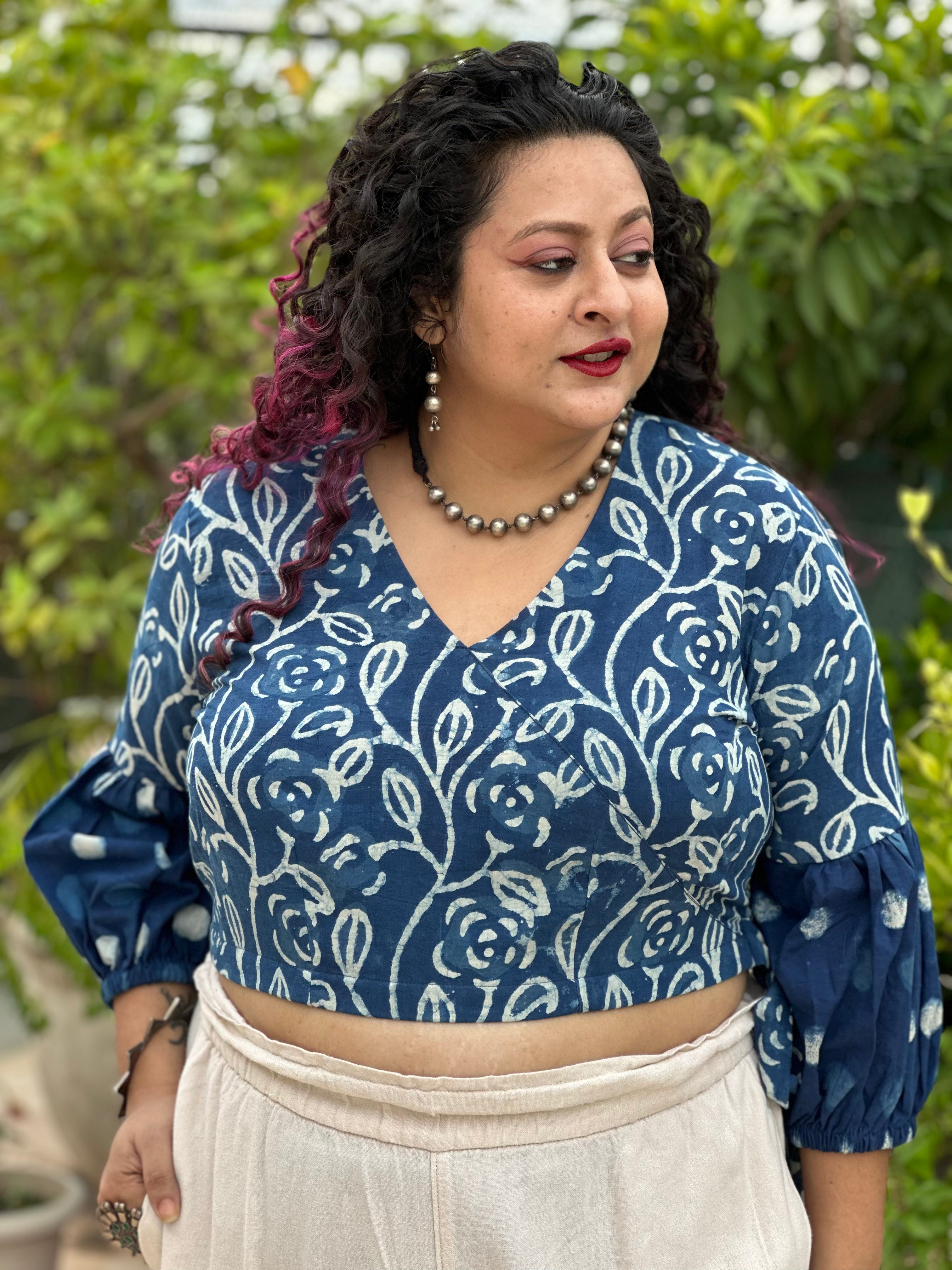 Indigo dabu handblock wrap top with polka dot sleeves