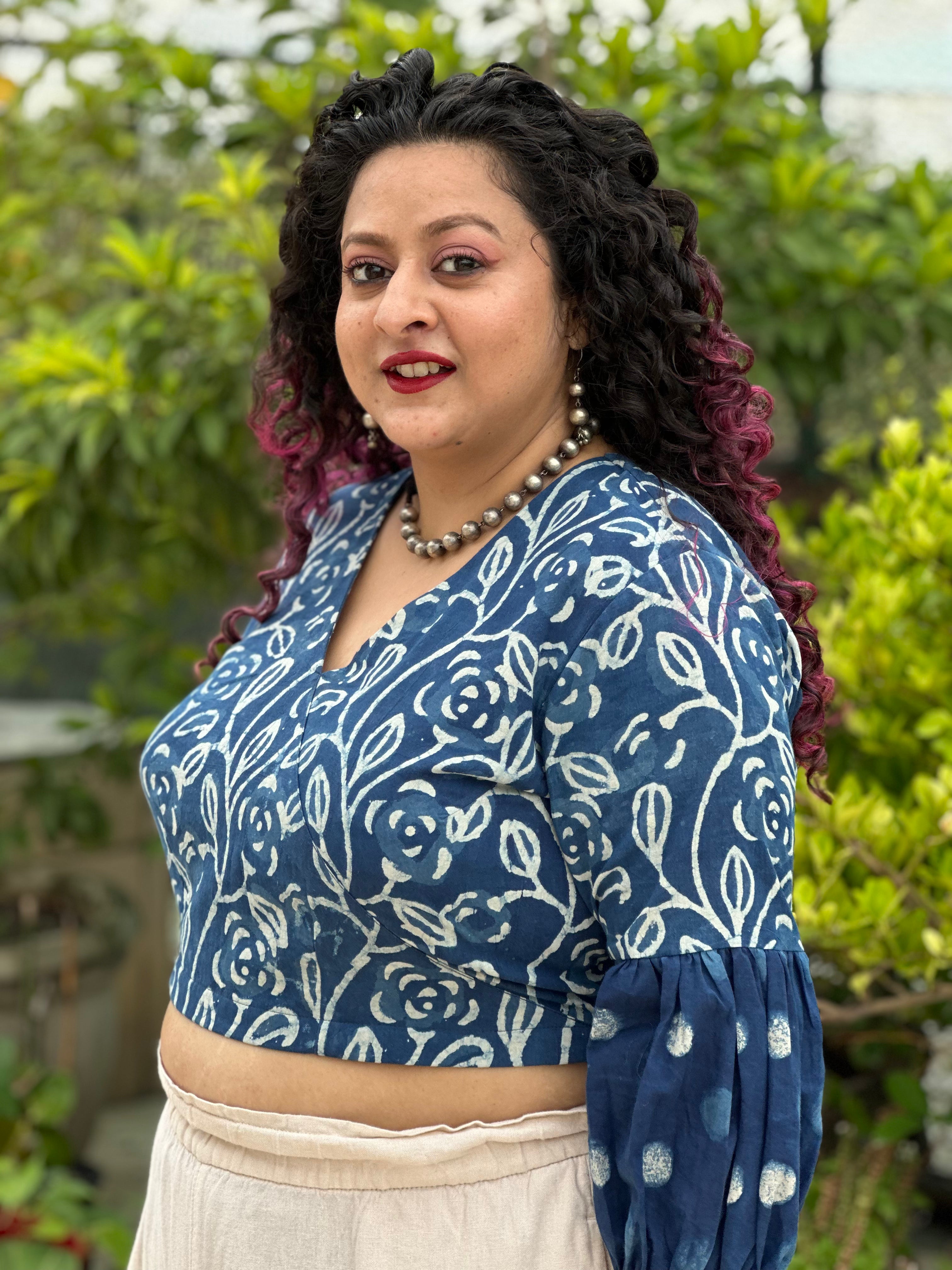 Indigo dabu handblock wrap top with polka dot sleeves
