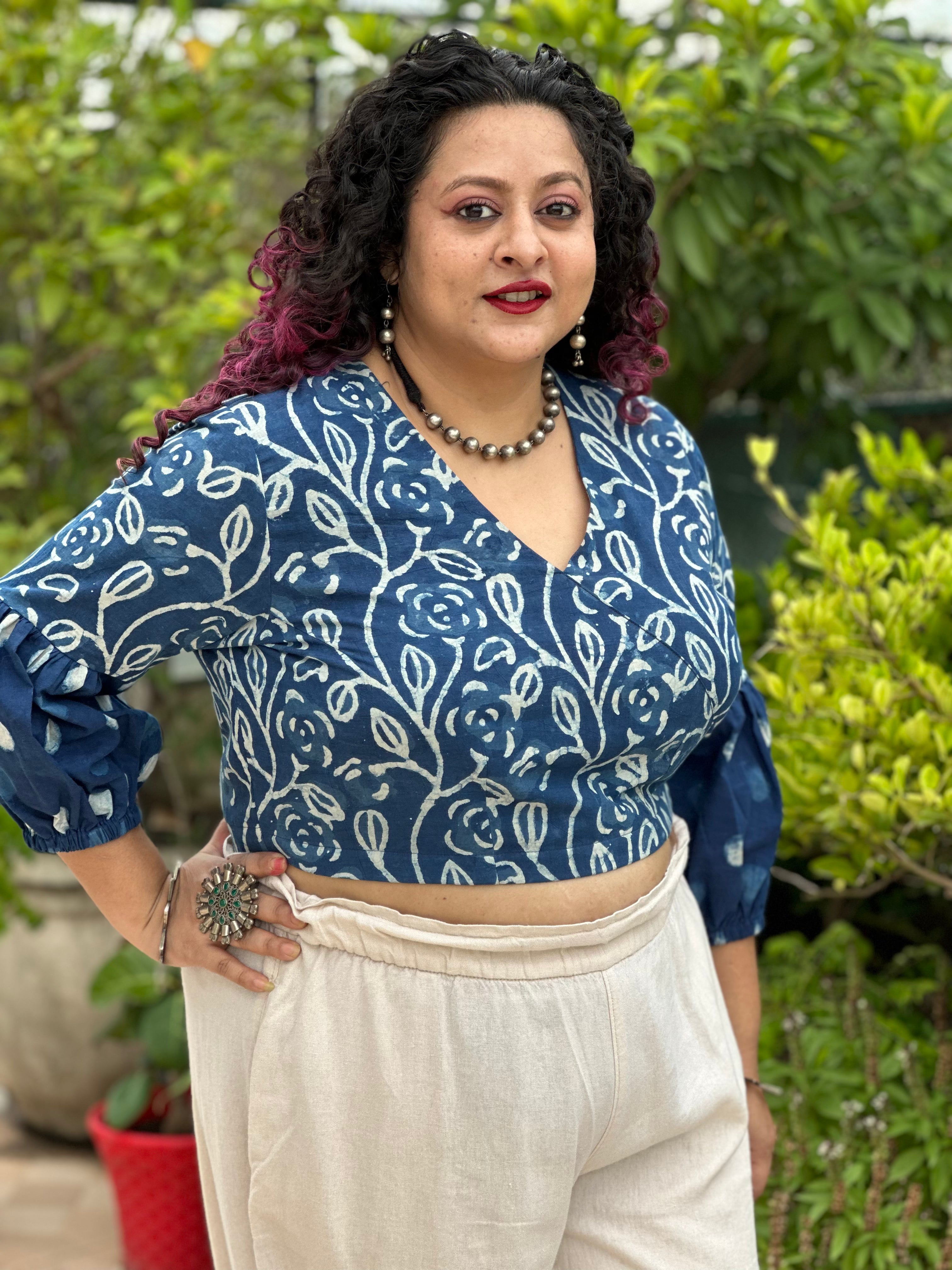 Indigo dabu handblock wrap top with polka dot sleeves