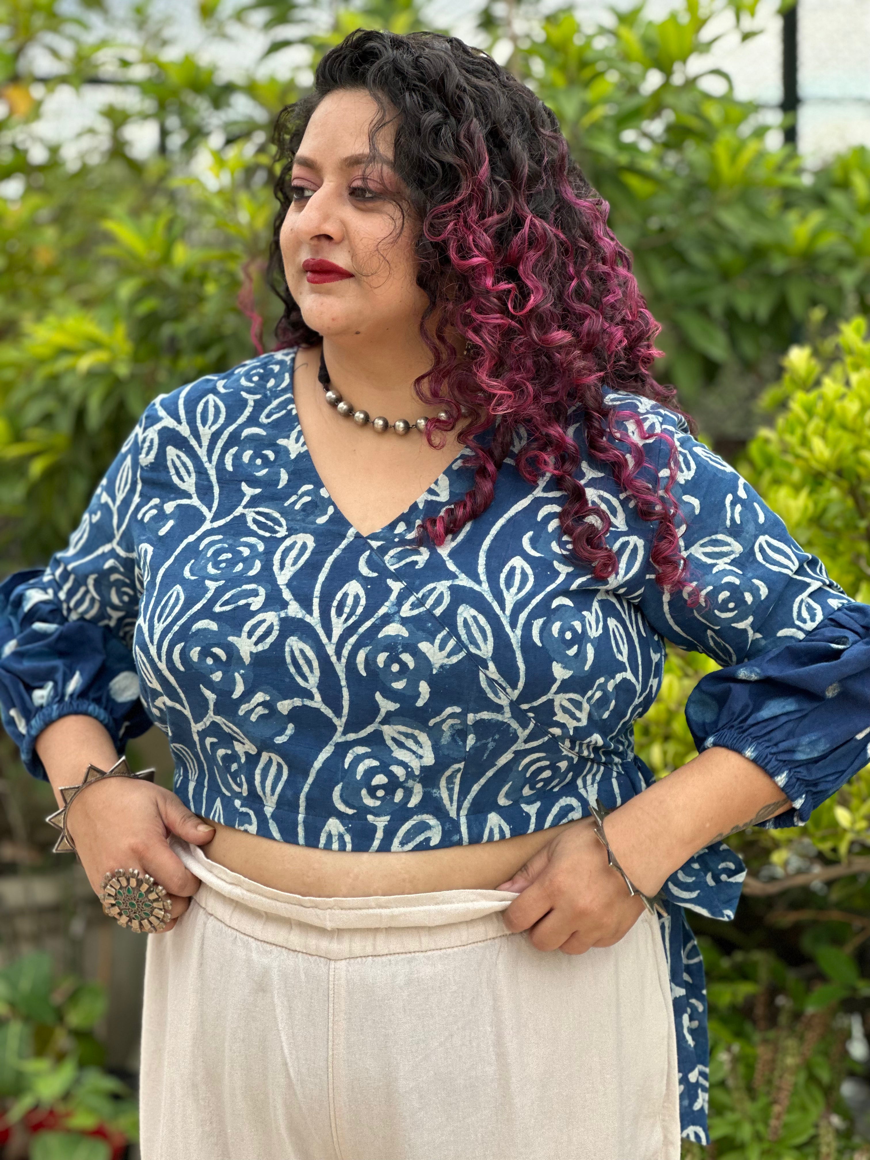 Indigo dabu handblock wrap top with polka dot sleeves
