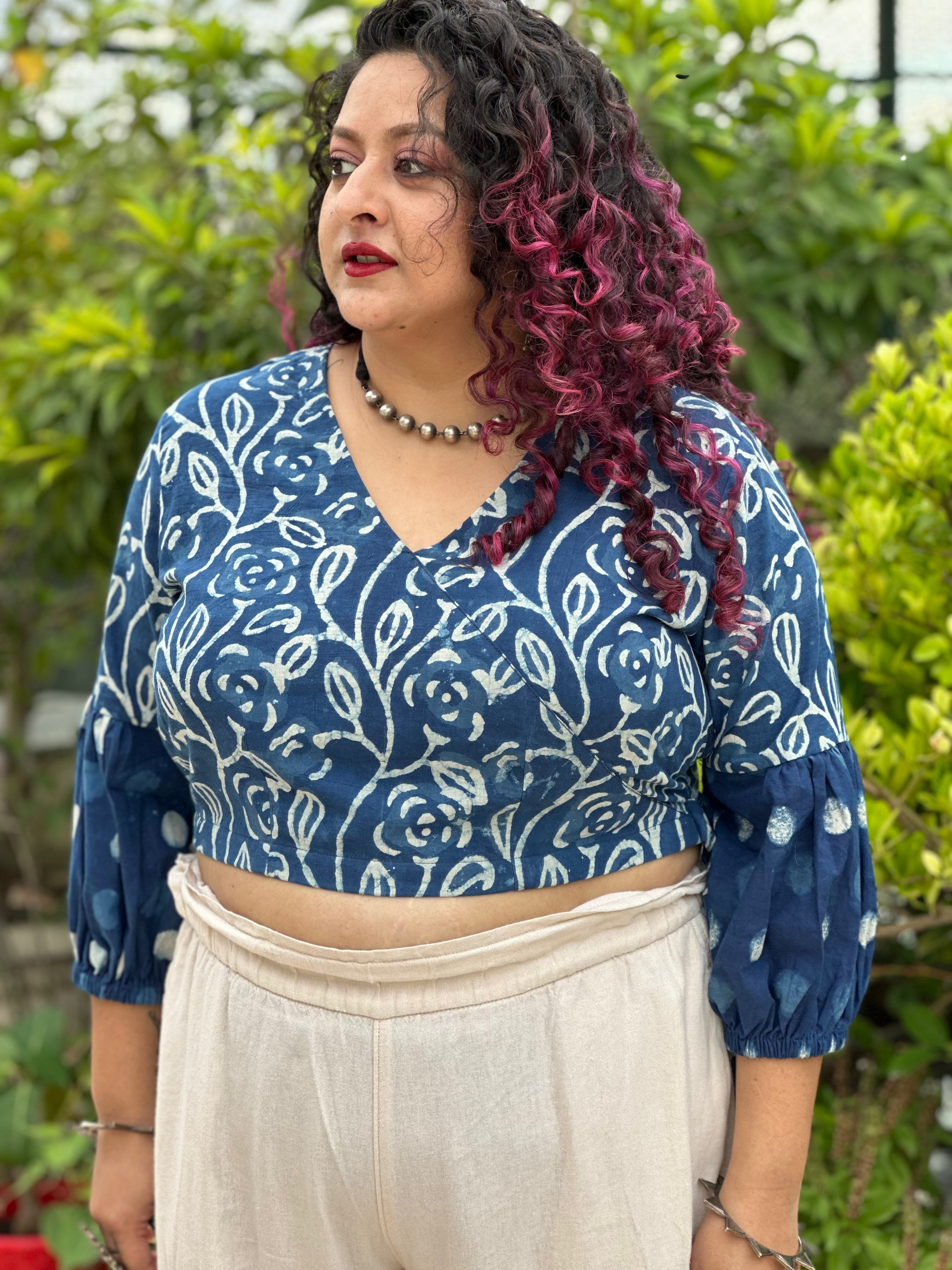 Indigo dabu handblock wrap top with polka dot sleeves