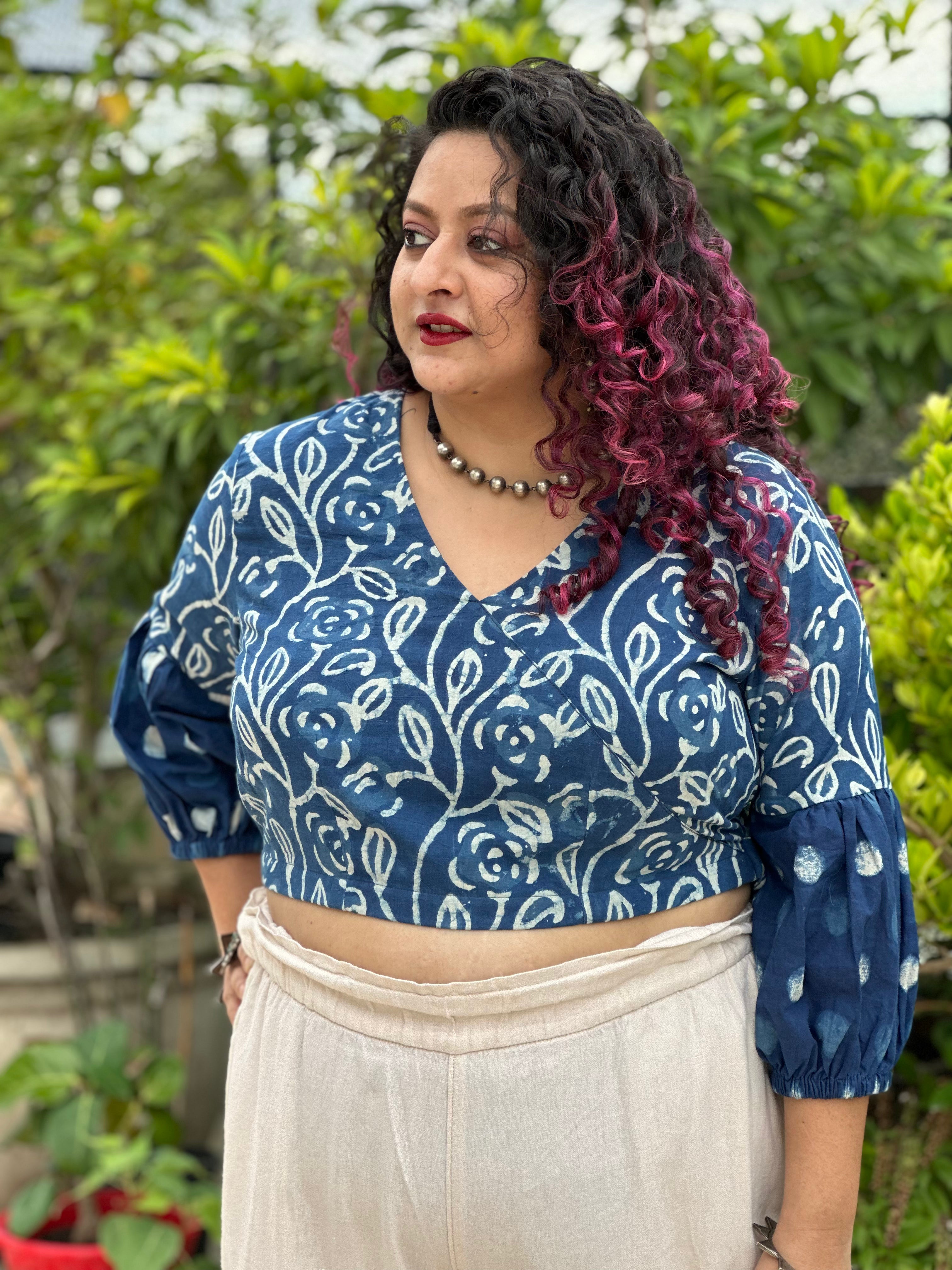 Indigo dabu handblock wrap top with polka dot sleeves