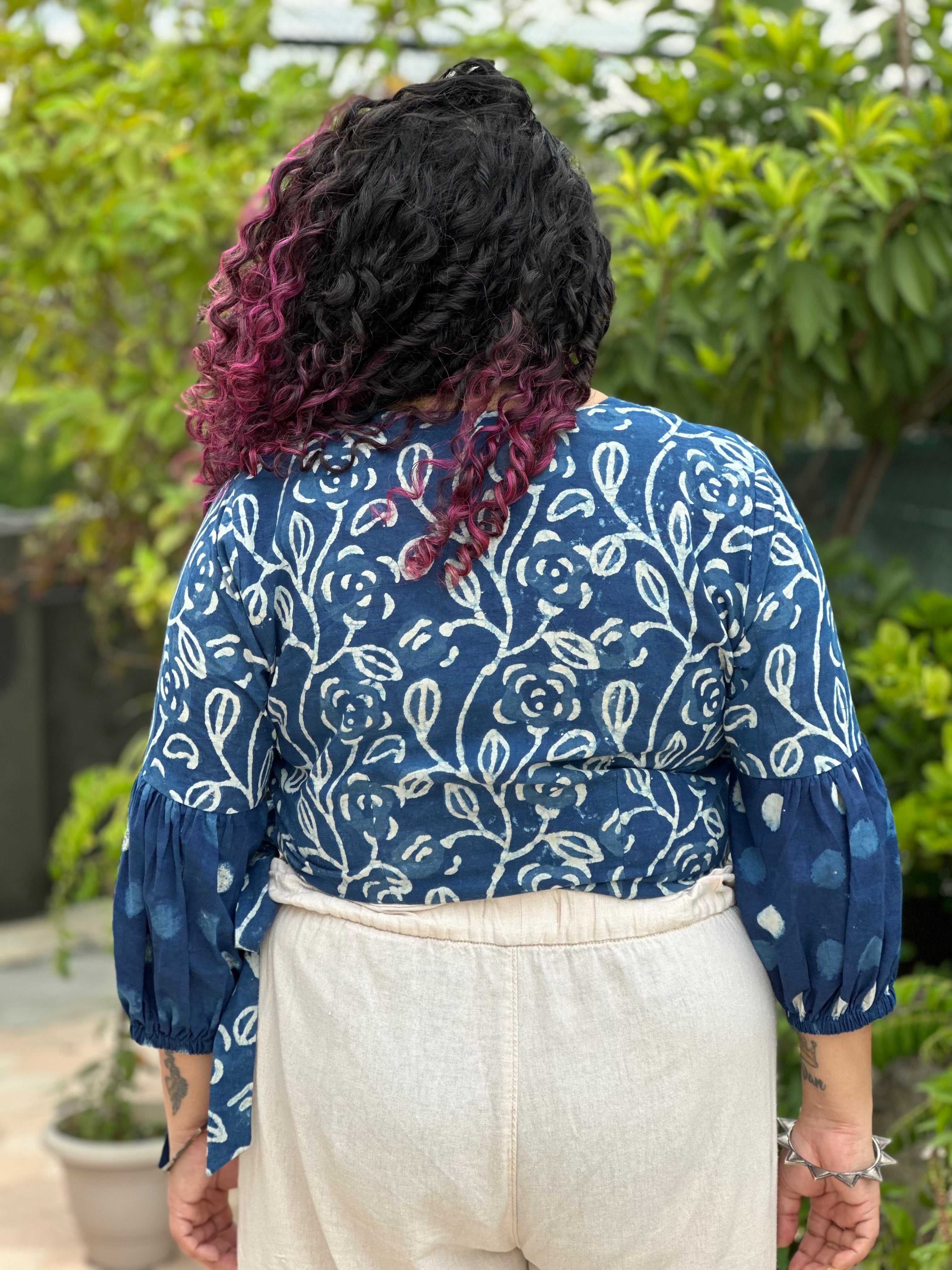 Indigo dabu handblock wrap top with polka dot sleeves