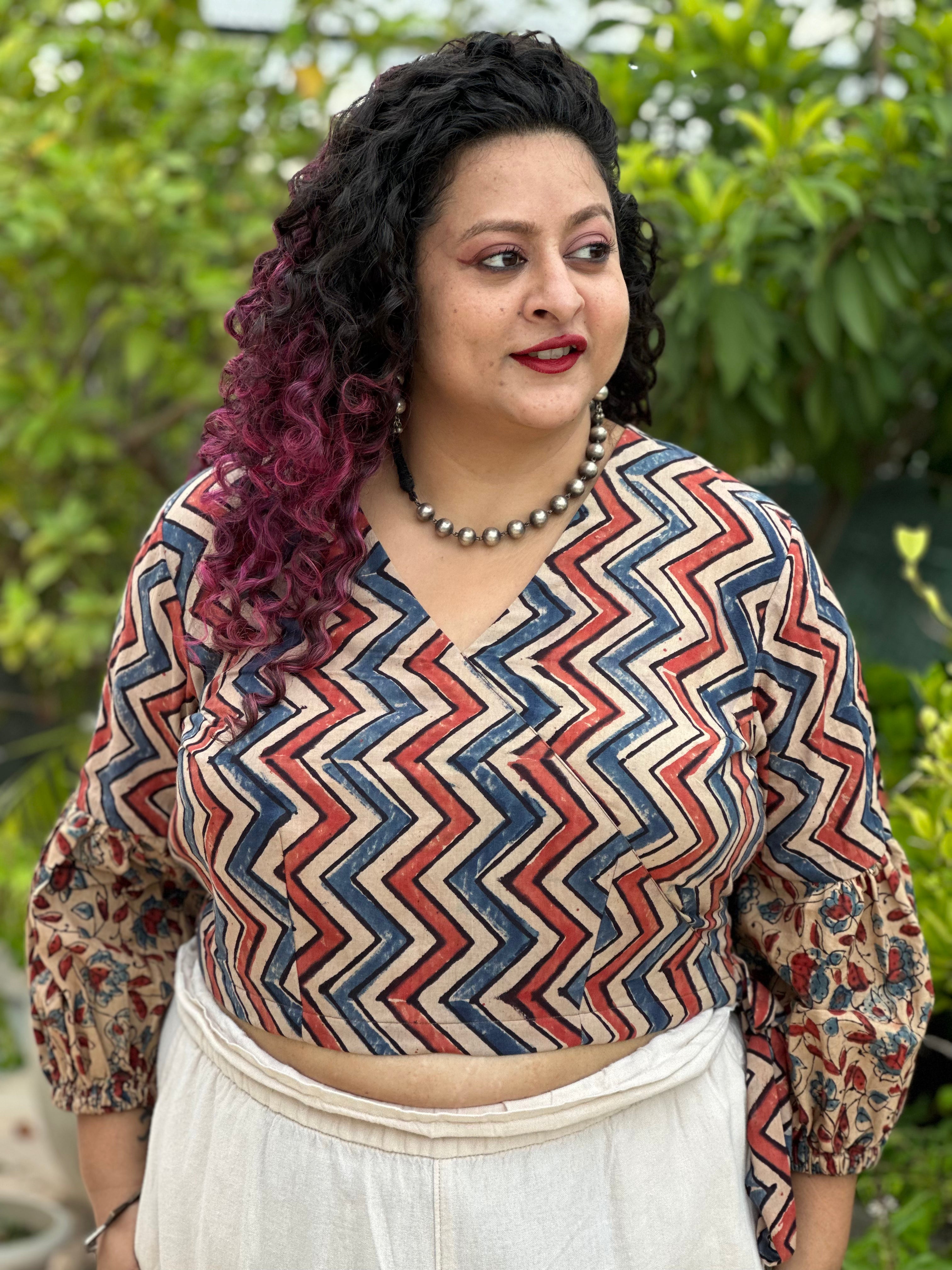 White ajrakh zig zag handblock printed wrap top with floral print sleeves