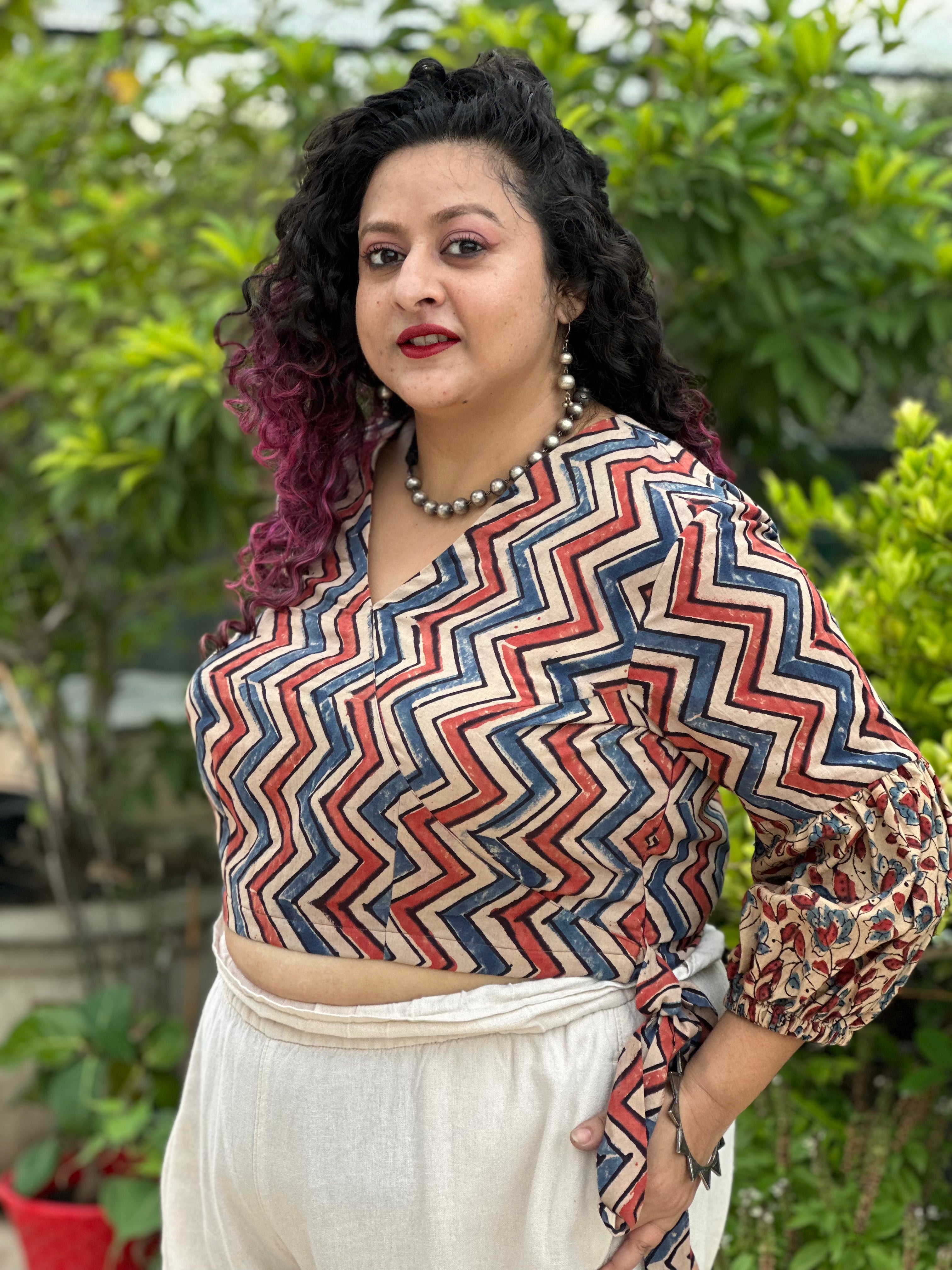 White ajrakh zig zag handblock printed wrap top with floral print sleeves