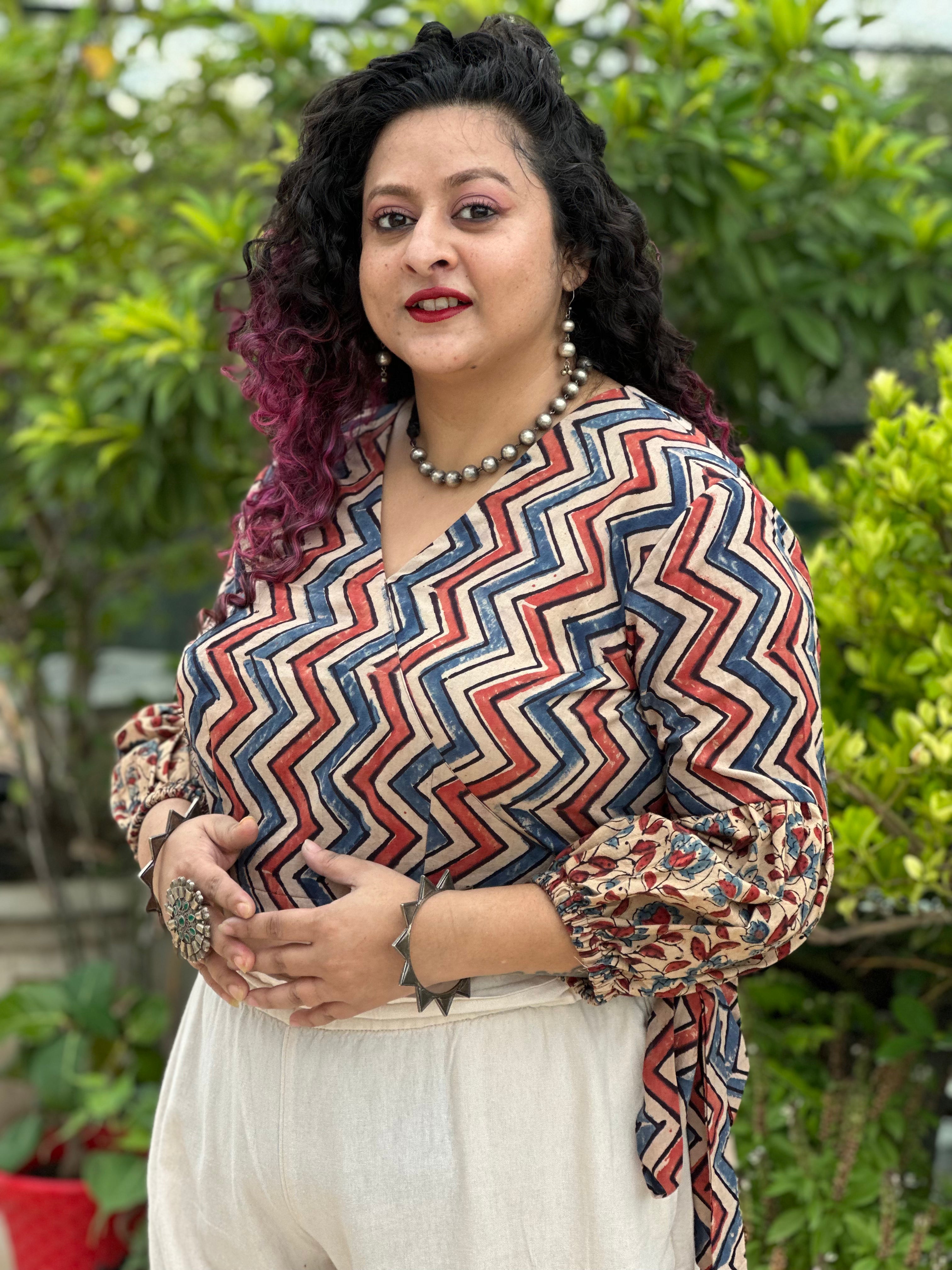 White ajrakh zig zag handblock printed wrap top with floral print sleeves