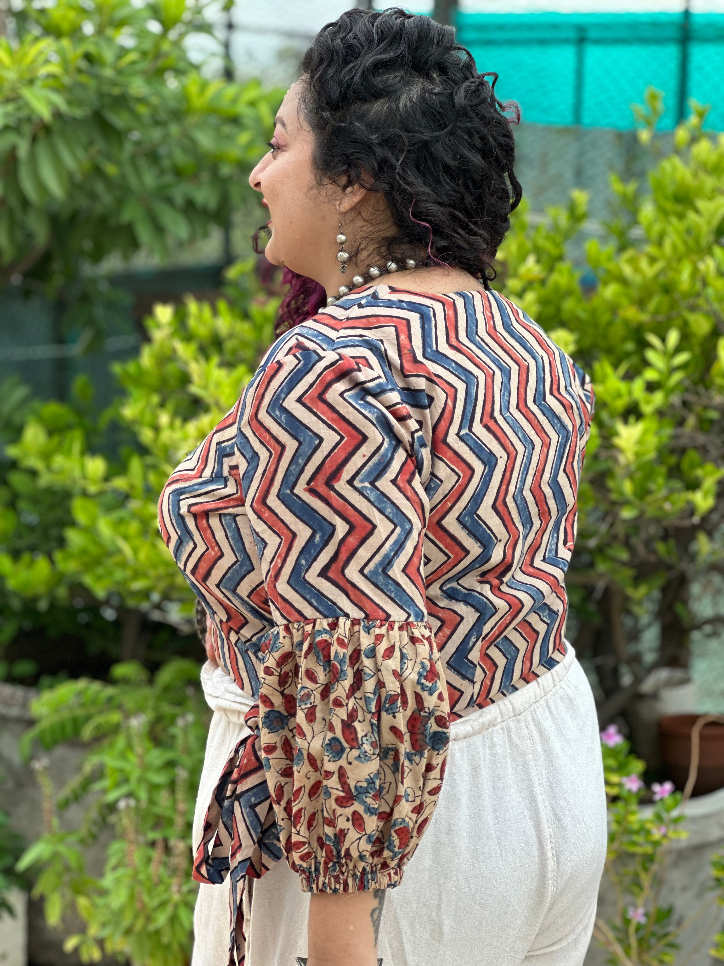 White ajrakh zig zag handblock printed wrap top with floral print sleeves