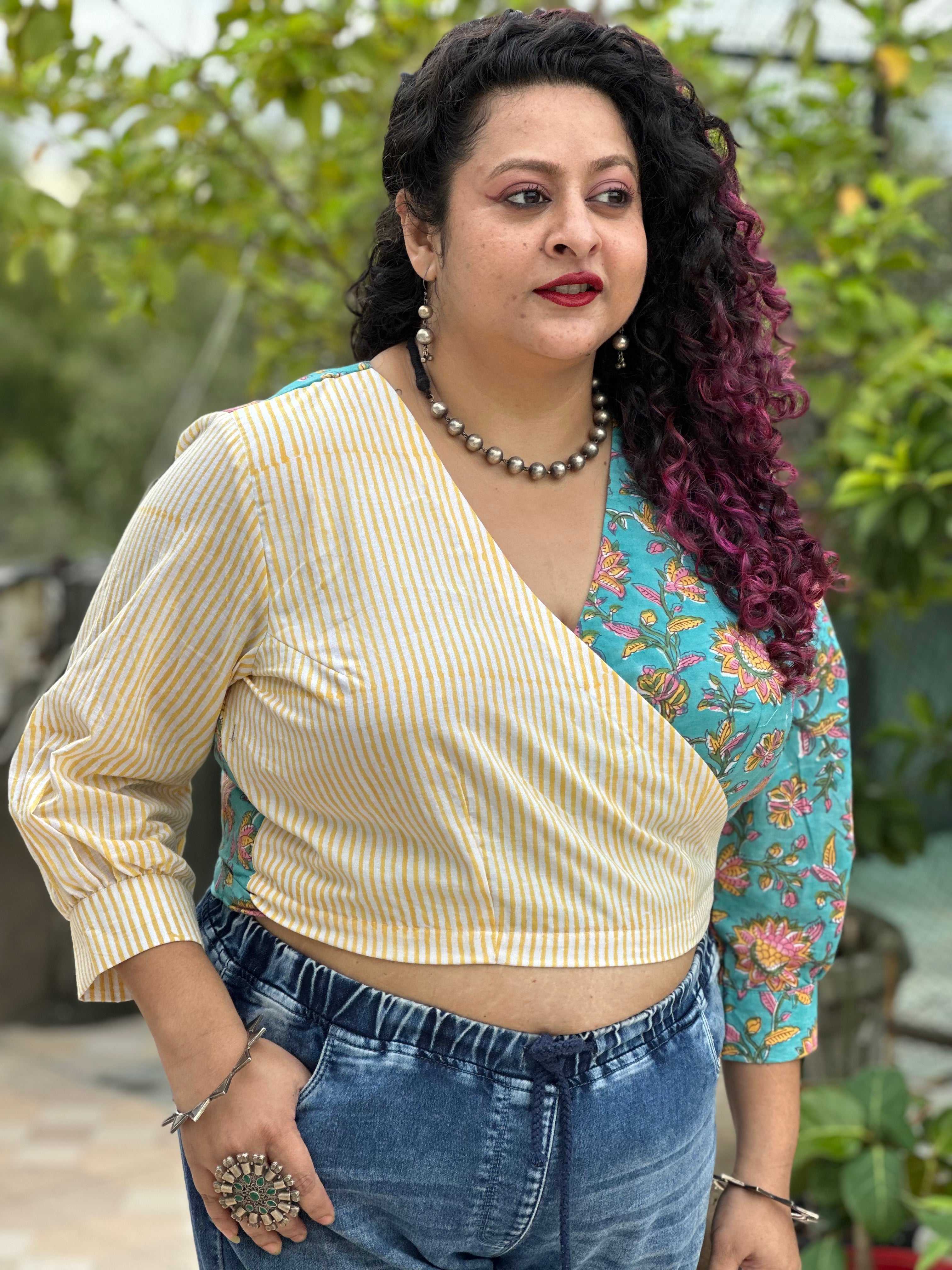 Yellow sanganeri handblock printed half & half wrap top