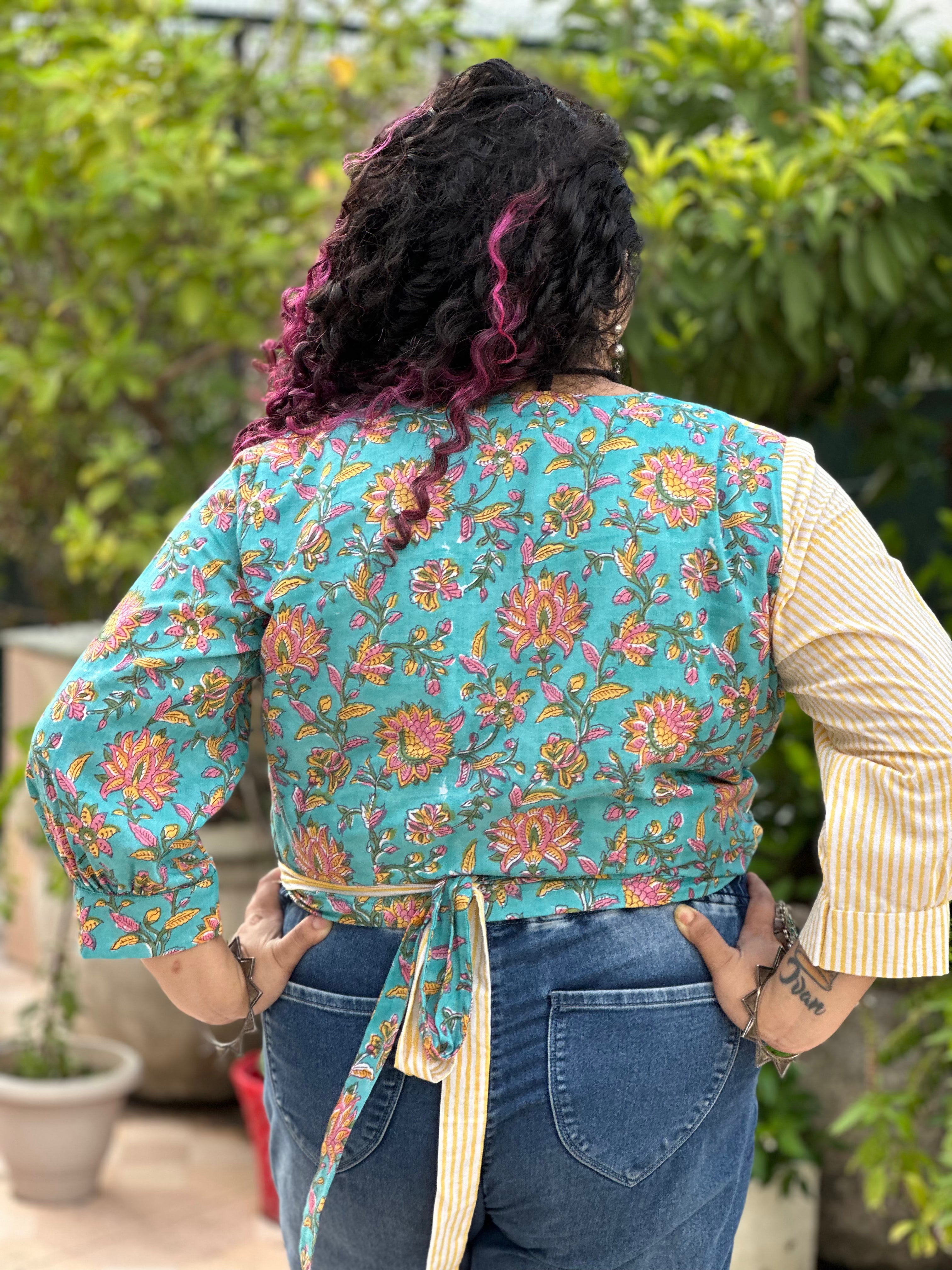 Yellow sanganeri handblock printed half & half wrap top