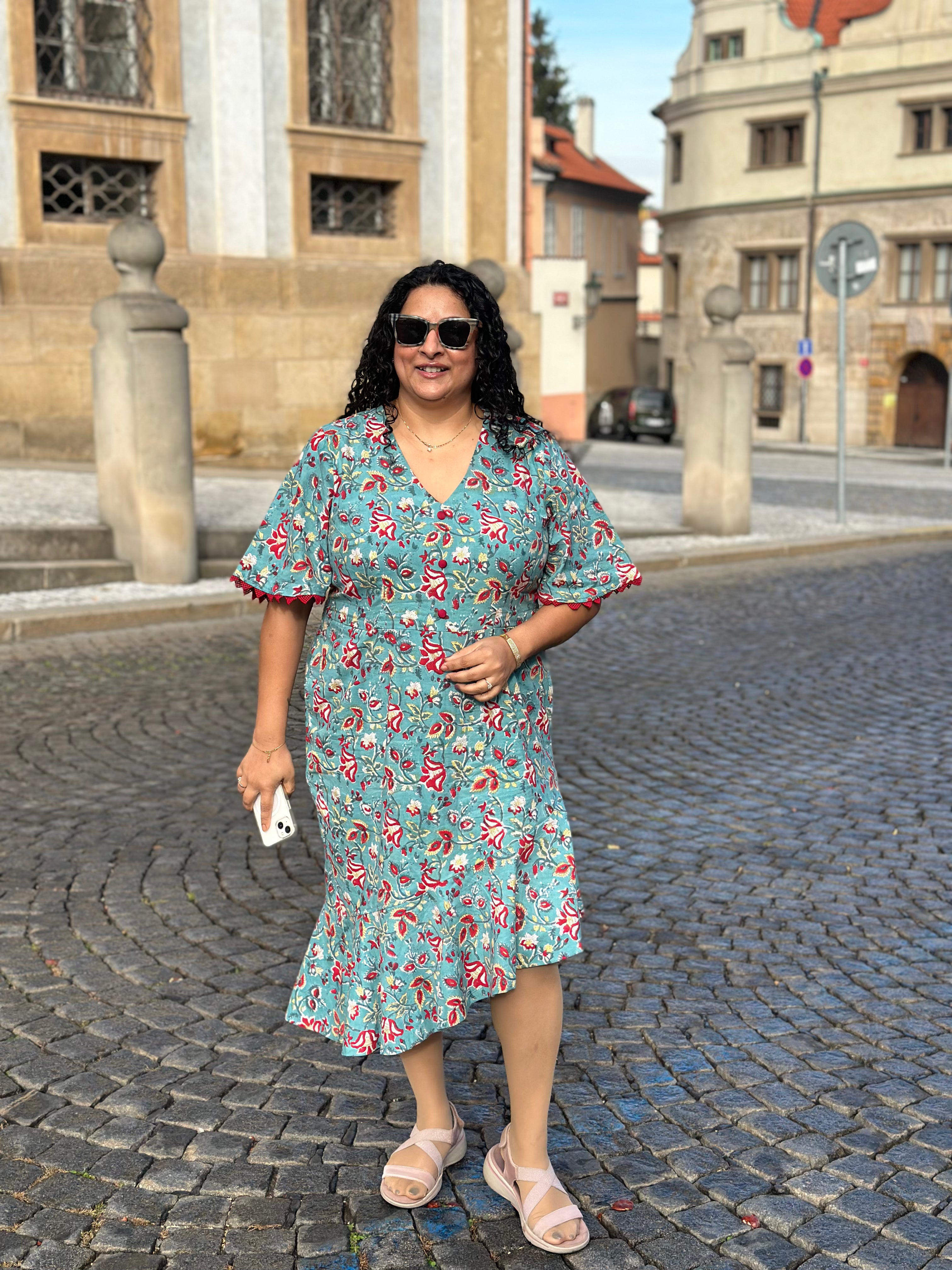 Gulab-E-Teal : Teal & Red Sanganeri Handblock Print Cotton Dress