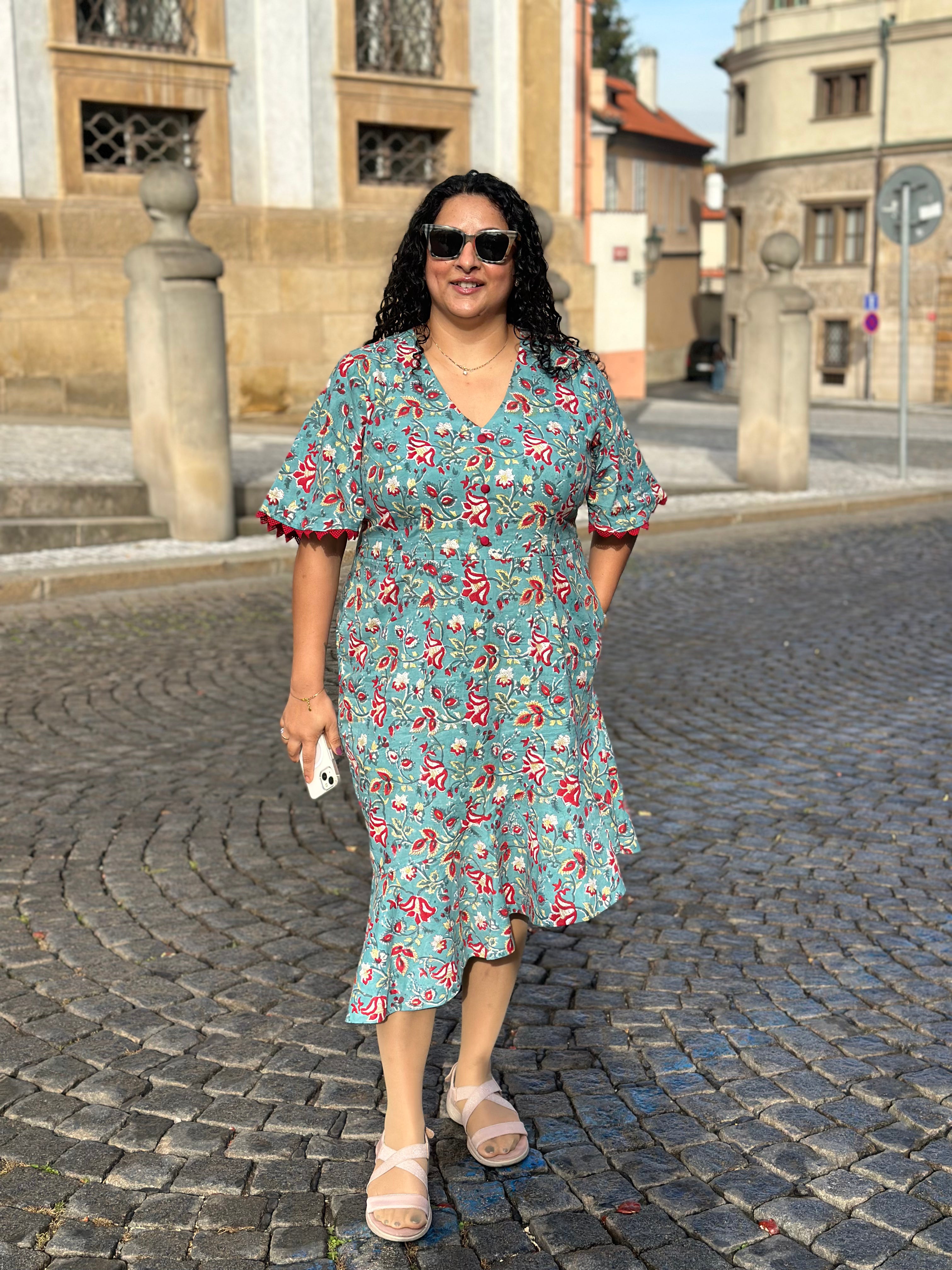 Gulab-E-Teal : Teal & Red Sanganeri Handblock Print Cotton Dress