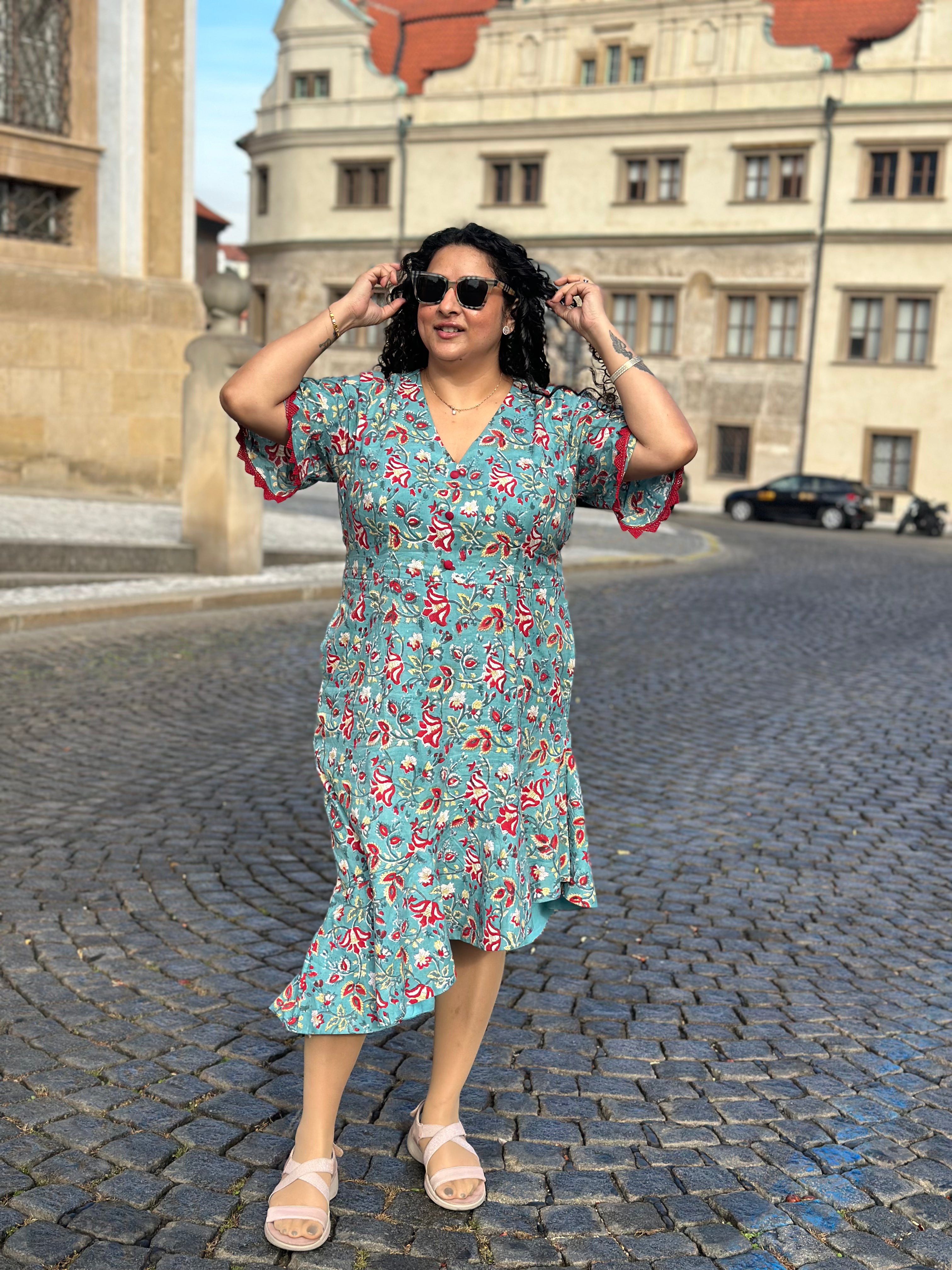 Gulab-E-Teal : Teal & Red Sanganeri Handblock Print Cotton Dress