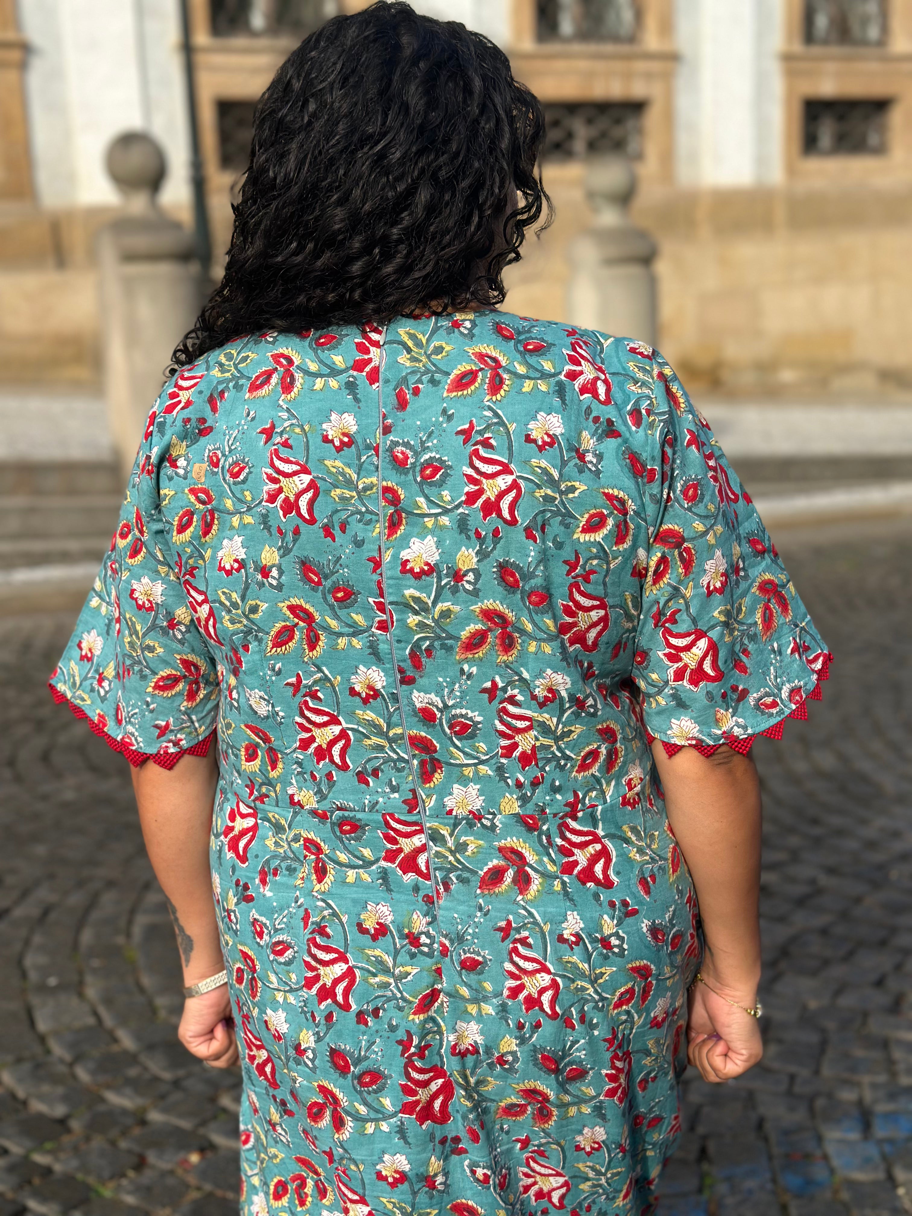 Gulab-E-Teal : Teal & Red Sanganeri Handblock Print Cotton Dress