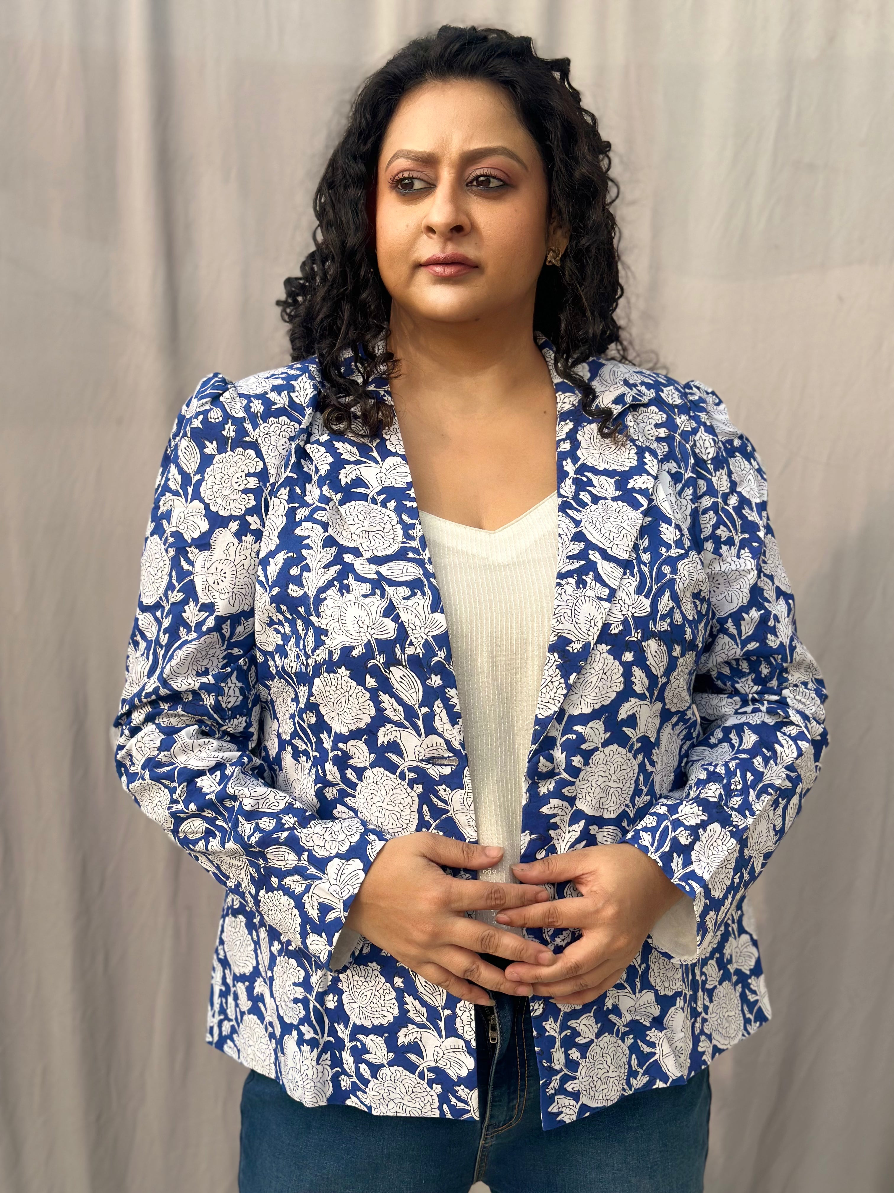 Azure Flora - Blue Floral Sanganeri Handblock Print Cotton Blazer